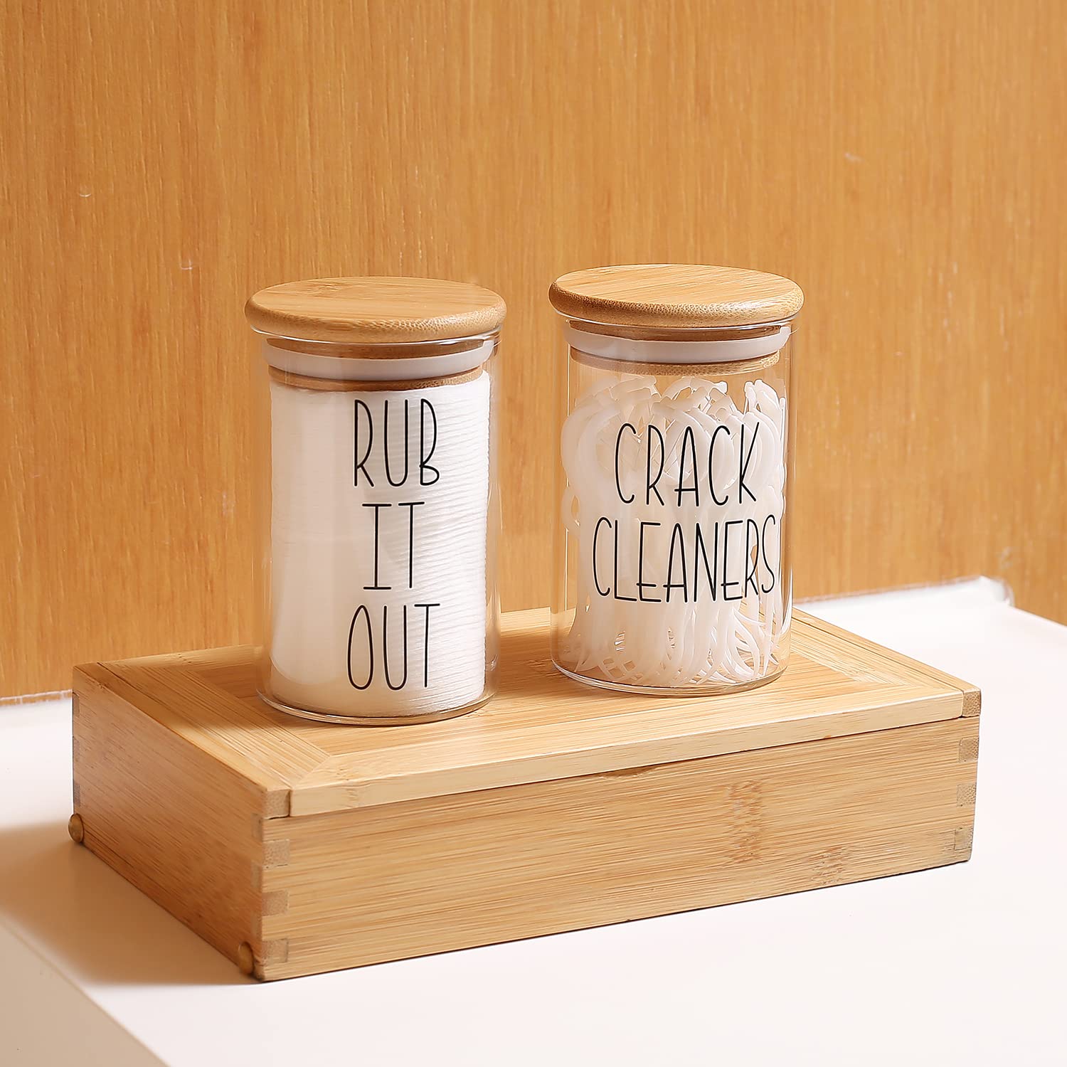 MOMEEMO Glass Apothecary Jars with Airtight Lids - Perfect for Bathroom Organization, Cotton Ball Holder, Floss Pick Storage & Home Decor - Great for Vanity Countertop, Spa Day Essentials & Gift Ideas (Includes Cotton Pads & Dental Floss)