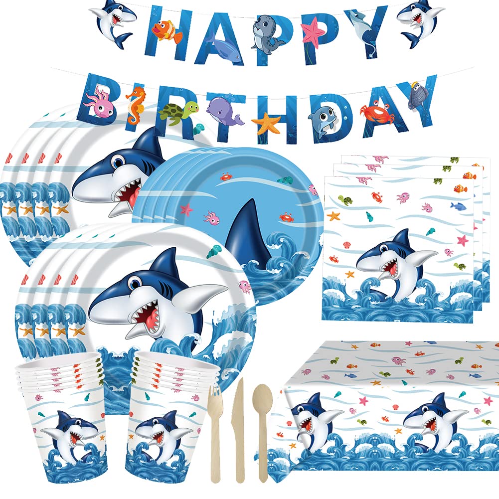 Under the Sea Party Decorations Set for 16 Guests - Shark Birthday Party Supplies with Disposable Tableware, Plates, Cups, Napkins, Tablecloth & Cutlery - Perfect for Ocean Themed Birthday Parties, Baby Showers & Summer Events