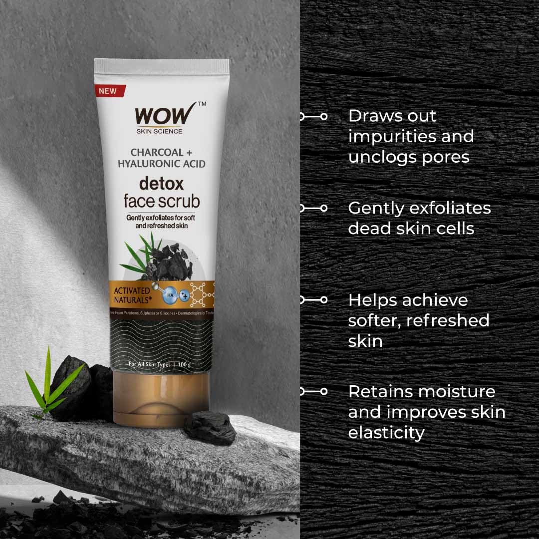 WOW Skin Science Charcoal & Hyaluronic Acid Face Scrub - Deep Cleansing & Hydrating Detox Treatment for Oily & Acne-Prone Skin | Unclogs Pores, Removes Blackheads & Controls Oil | Improves Skin Elasticity | 100g | Perfect for Daily Skincare Routine & Pre-Makeup Prep