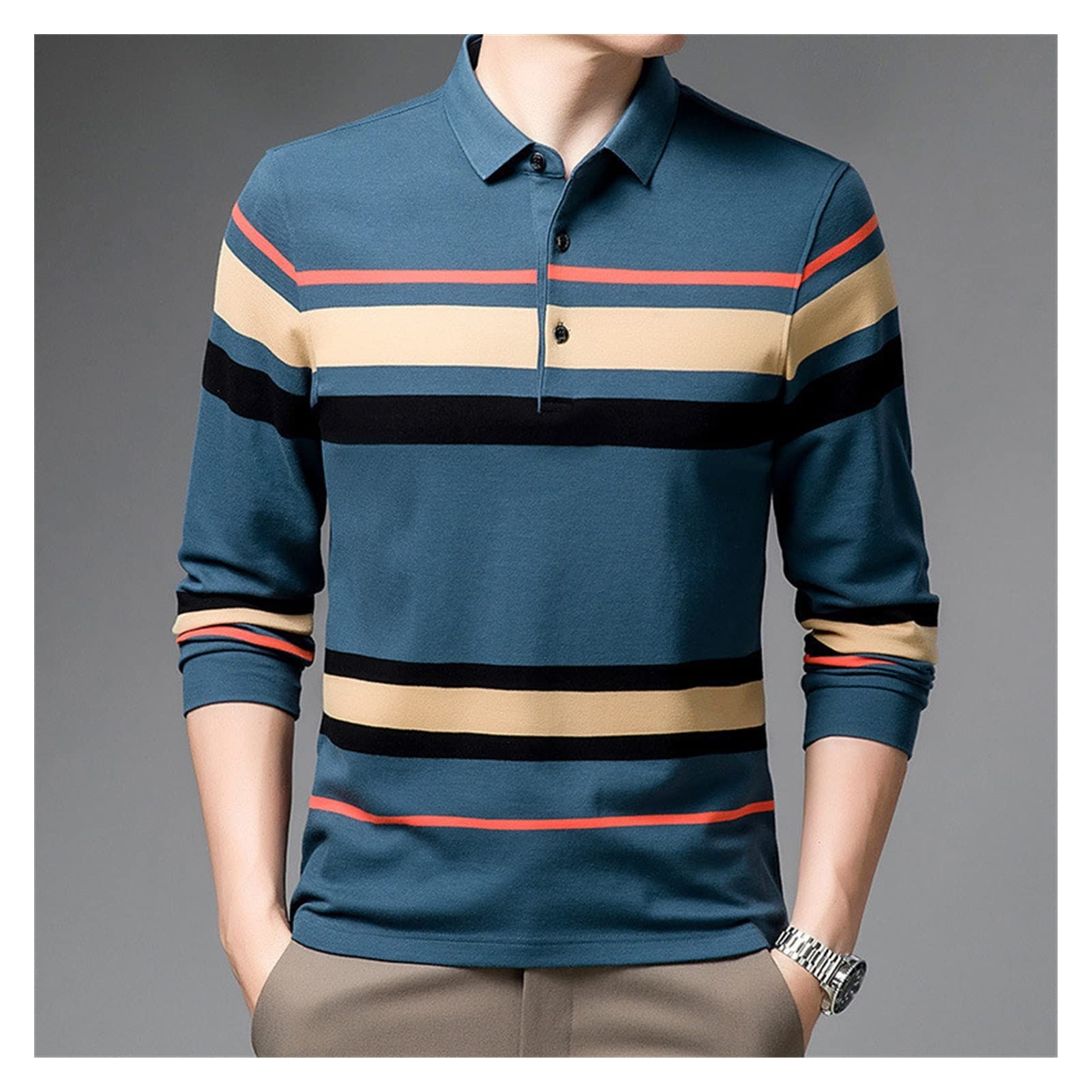 Premium Men's Slim Fit Long Sleeve Polo Shirt - 100% Cotton Business Casual Shirt for Men - Breathable & Comfortable Office Wear - Ideal for Business Meetings, Smart Casual Outfits & Autumn Fashion (Color: A, Size: 3XL)