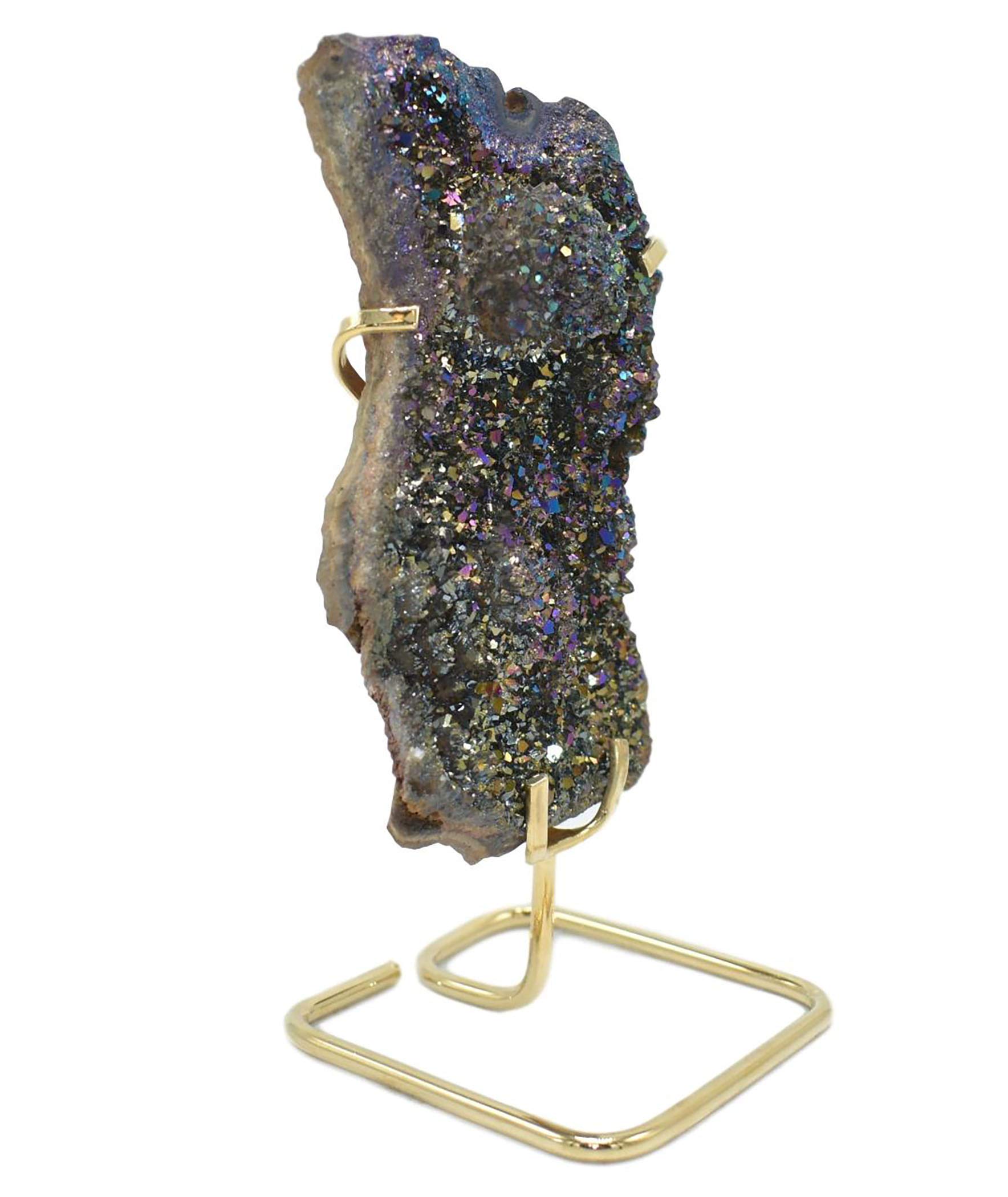 Metallic Amethyst Crystal Cluster on Gold Stand - 6 Inch Decorative Purple Gemstone for Home & Office Decor - Perfect for Living Room, Bedroom, Mantels, Shelves, and Gift Giving - Feng Shui Healing Crystal for Meditation & Spiritual Energy
