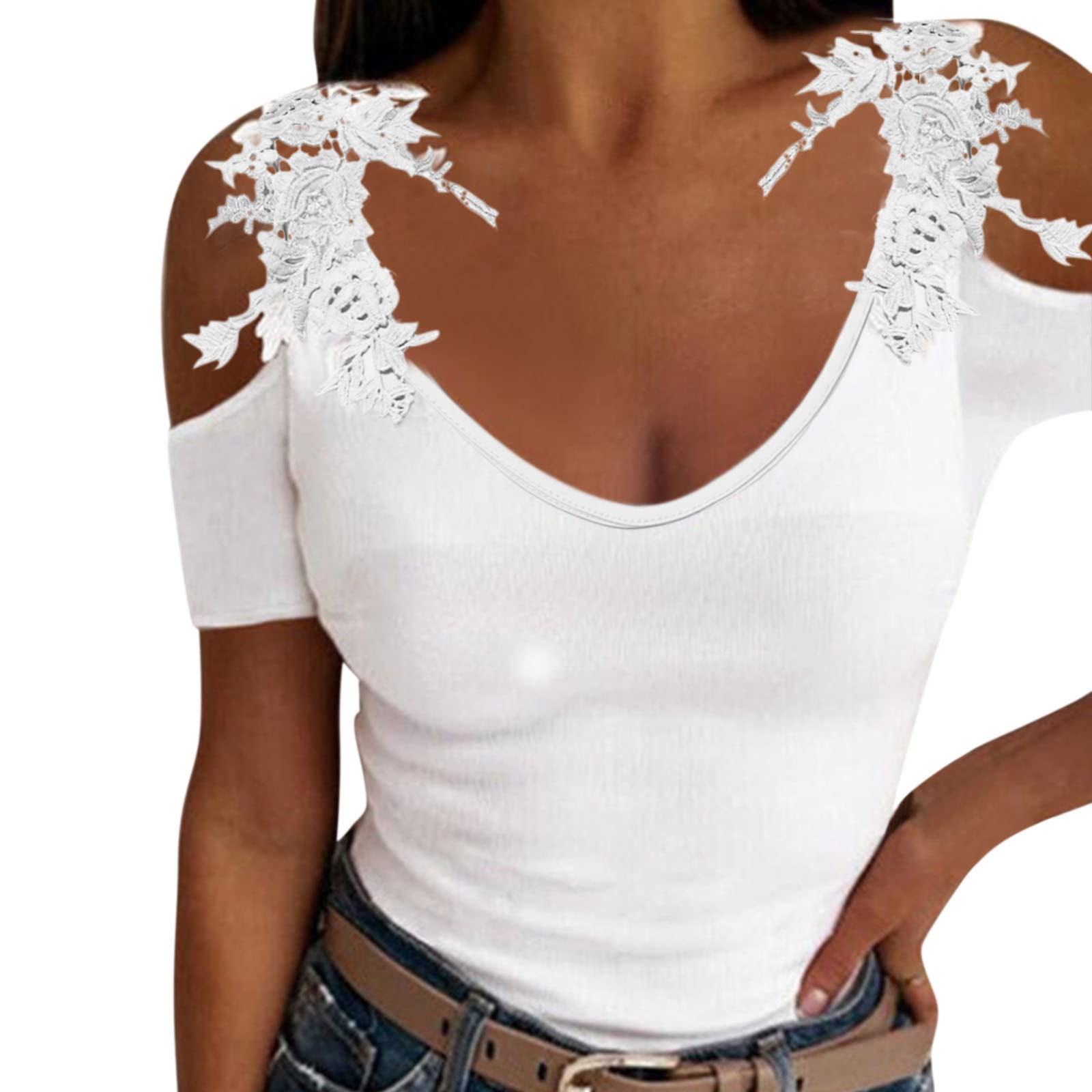Women's Cold Shoulder Tops - Cute Halter Tunic Blouse with Lace Hollow Sleeves | Casual & Cozy Shirts for Summer Outfits, Beach Wear & Date Nights