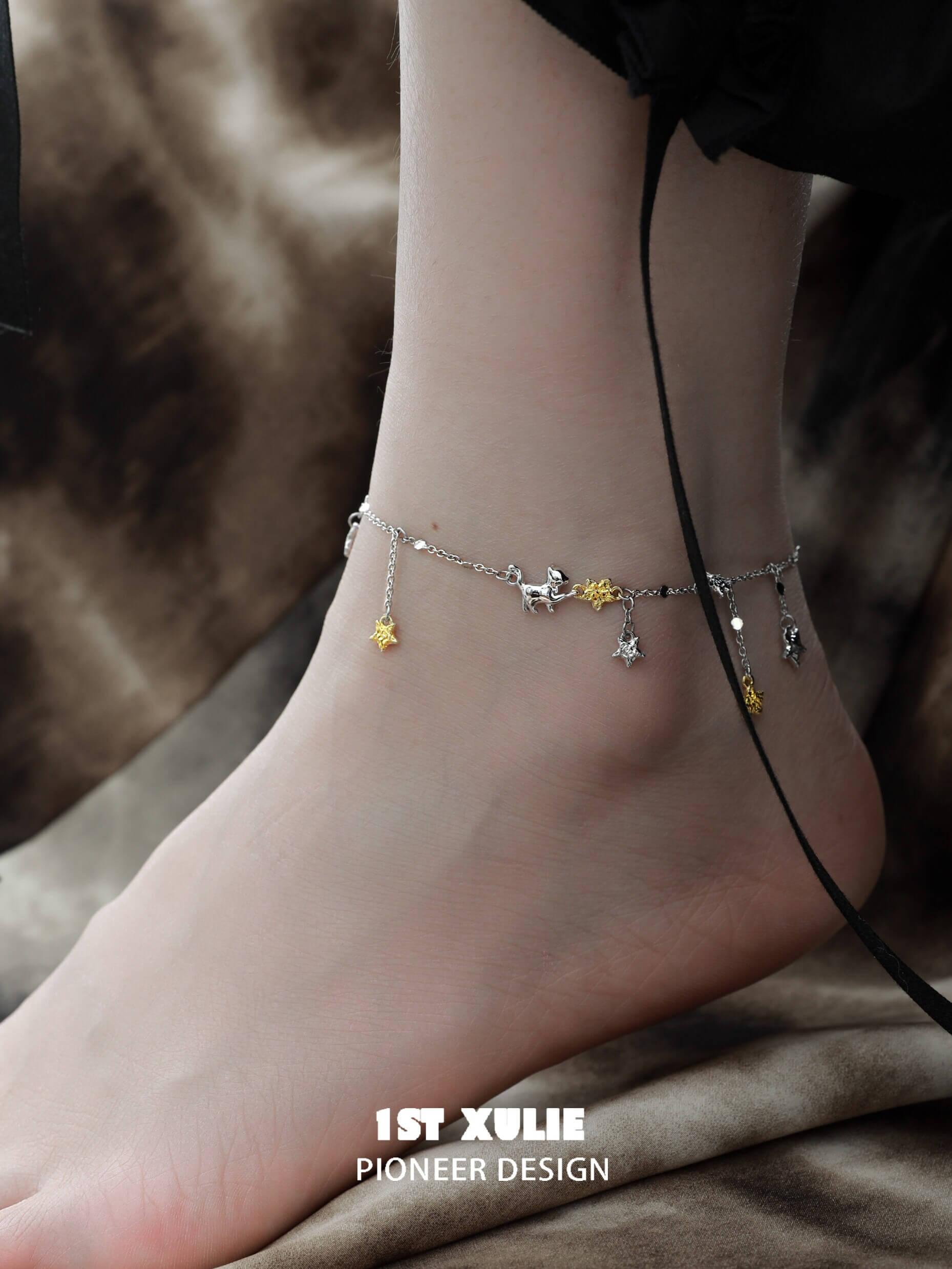 Cat's Gaze S925 Sterling Silver Star Tassel Anklet - Elegant Adjustable Ankle Bracelet for Women, Perfect for Beach Parties, Summer Outfits & Boho Fashion