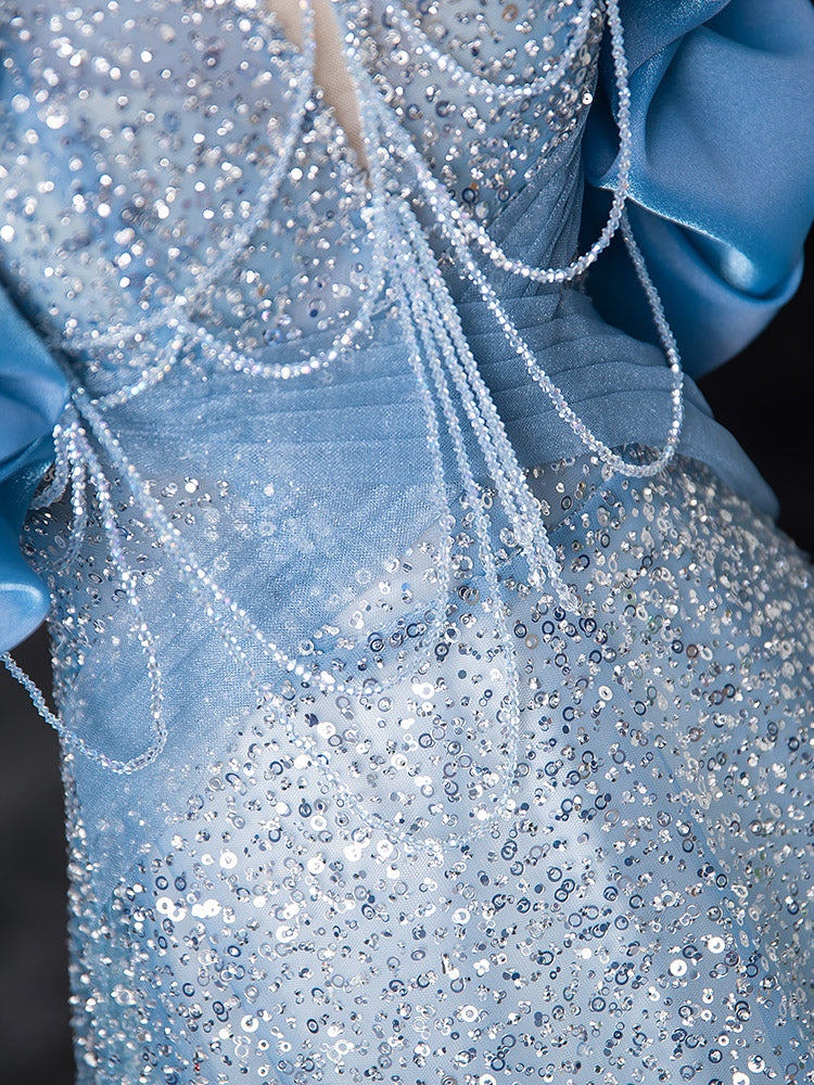 Elegant Off-Shoulder A-Line Blue Sequin Beaded Dress for Women - Perfect for Evening Parties, Weddings & Special Occasions