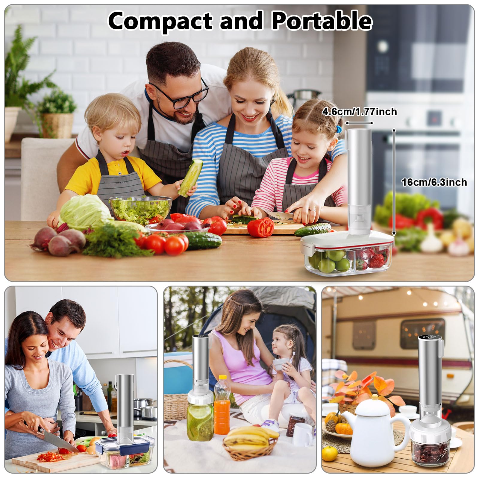CJC Portable 4-in-1 Cordless Handheld Vacuum Sealer for Food Storage - 60Kpa Strong Suction, 1800mAh Rechargeable Battery, 35 Min Runtime - Electric Mason Jar & Food Sealer with 10 Reusable Bags - Perfect for Kitchen, Camping, Meal Prep & Sous Vide Cooking