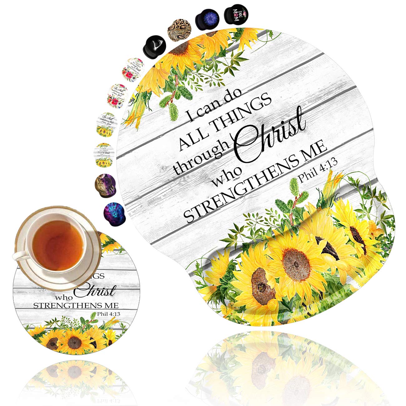 Ergonomic Mouse Pad with Gel Wrist Support - Non-Slip PU Base for Computer & Office Use - Gaming Mousepad with Pain Relief - Bible Verse Philippians 4-13 & Sunflower Design - Includes Cup Coaster - Perfect for Home Office, Gaming Setup & Workstation Comfort