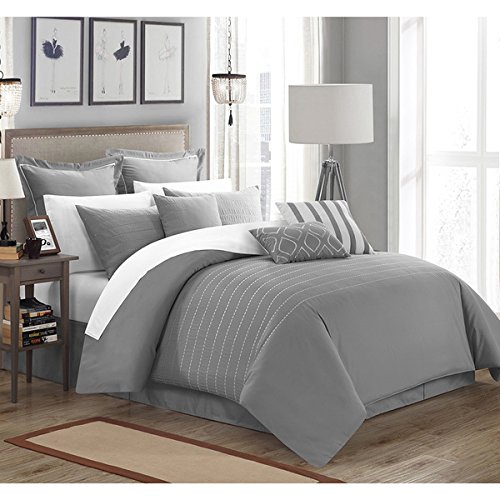 13-Piece Queen Comforter Set Grey & White - Lightweight Down Alternative Bedding - Embroidered Stripe Design - Microfiber/Polyester - Machine Washable - Perfect for Master Bedroom, Guest Room & Dorm Decor