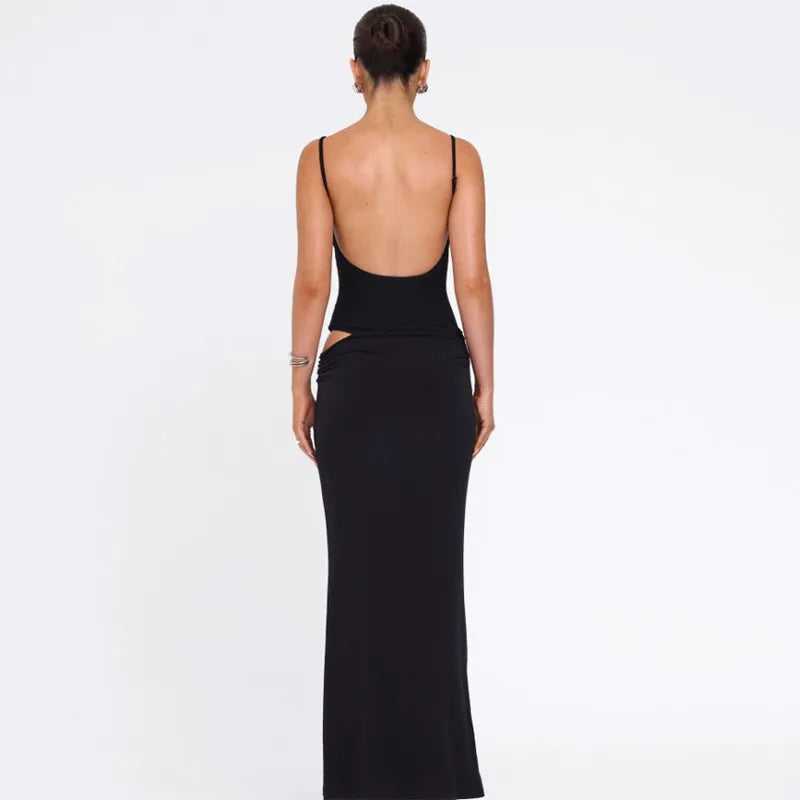 Black Sexy Dress Set for Women - Spaghetti Strap Bodysuit & Maxi Skirt Matching Outfit | Backless Slim Fit Long Skirt Set | Perfect for Date Night, Parties & Special Occasions