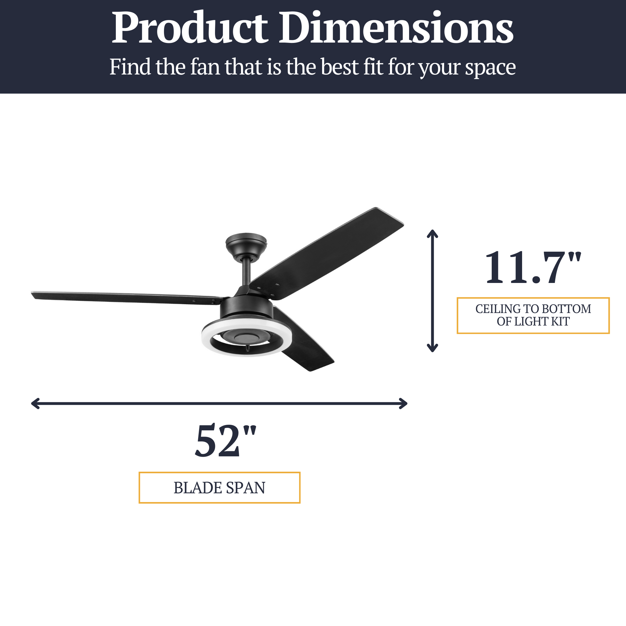 52 Inch Matte Black Orbis Ceiling Fan with Remote Control - Energy Efficient, Quiet Operation for Living Room, Bedroom, and Office