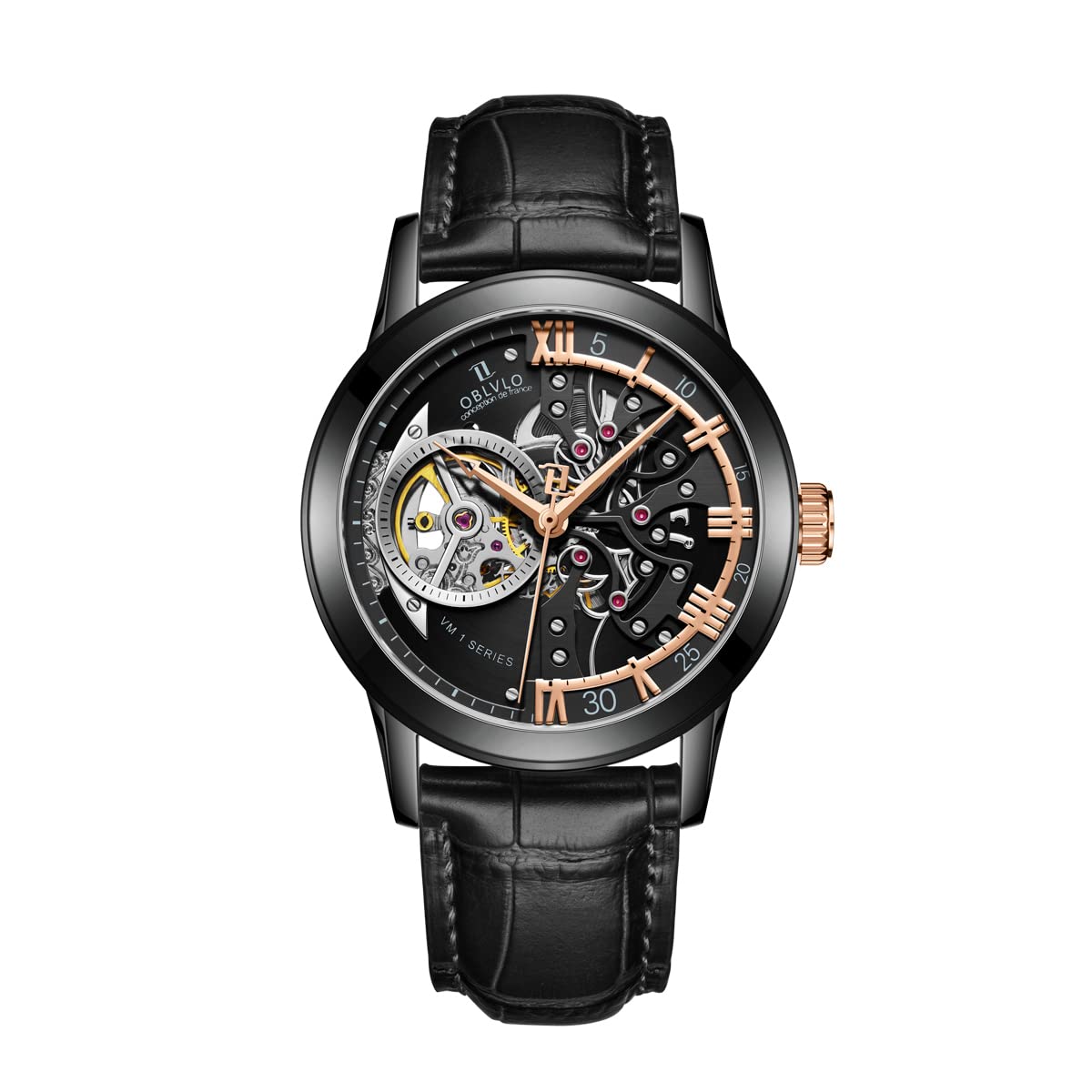 OBLVLO Luxury Skeleton Automatic Watch for Men - Rose Gold Stainless Steel Case, Sapphire Crystal Glass - Perfect for Business, Casual & Formal Occasions