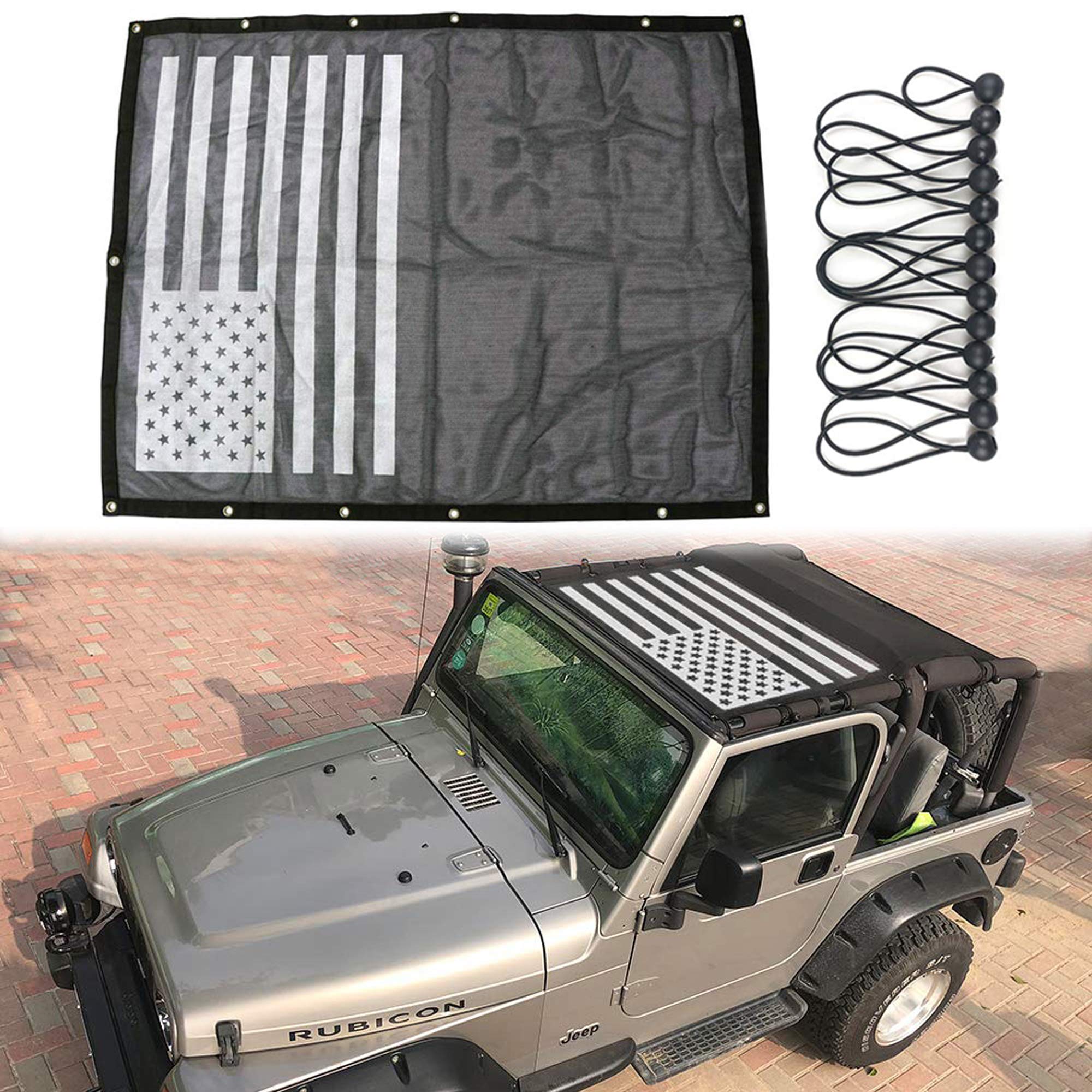 Jeep Wrangler TJ Bikini Top Sunshade Mesh Cover (1997-2006) - UV Protection, Wind & Noise Reduction, USA Flag Design - Perfect for Off-Roading, Beach Trips & Summer Adventures
