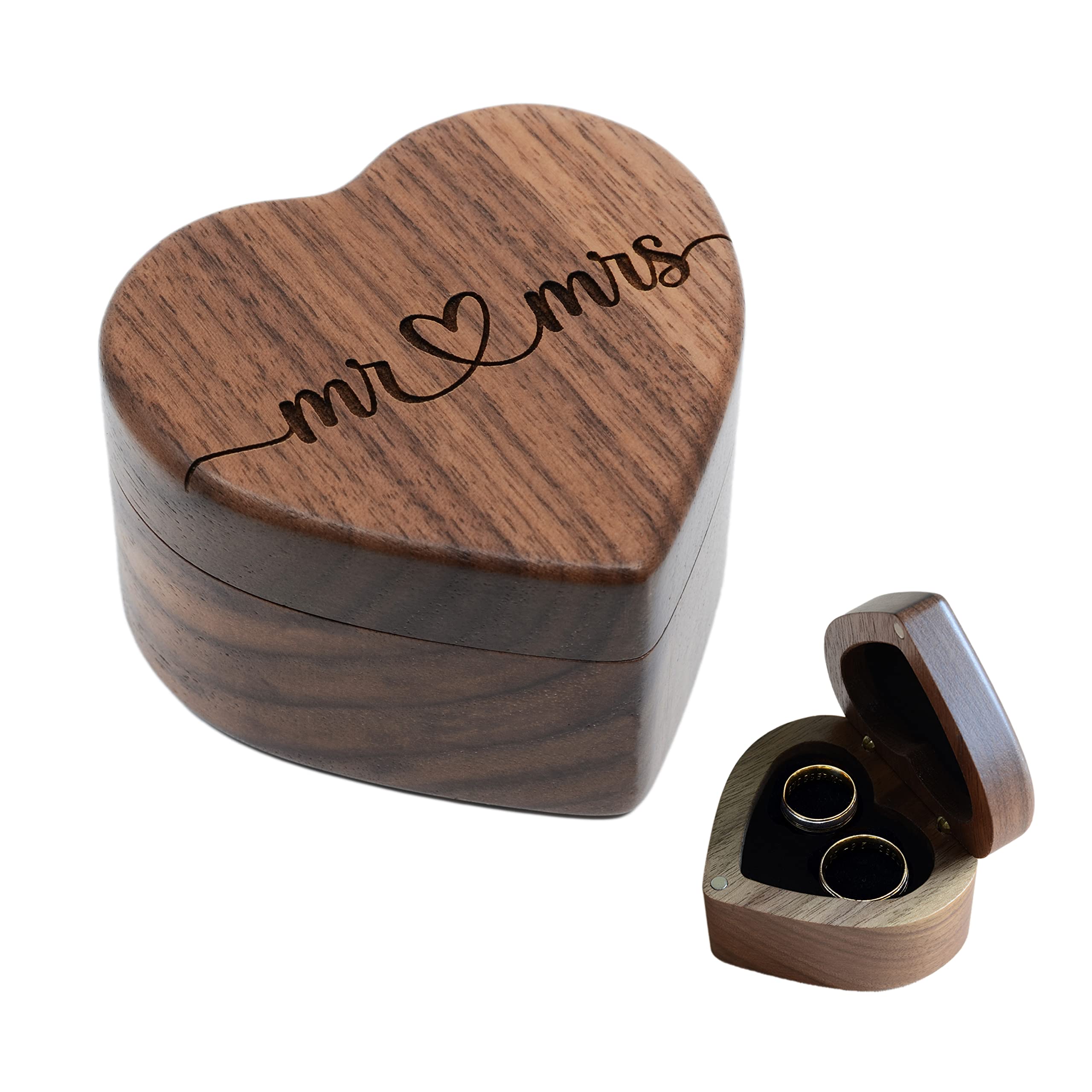 Engraved Walnut Wood Wedding Ring Box - Heart Shaped Ring Bearer Box for Ceremony (Mr & Mrs) - Perfect for Wedding Proposals, Vows & Anniversaries