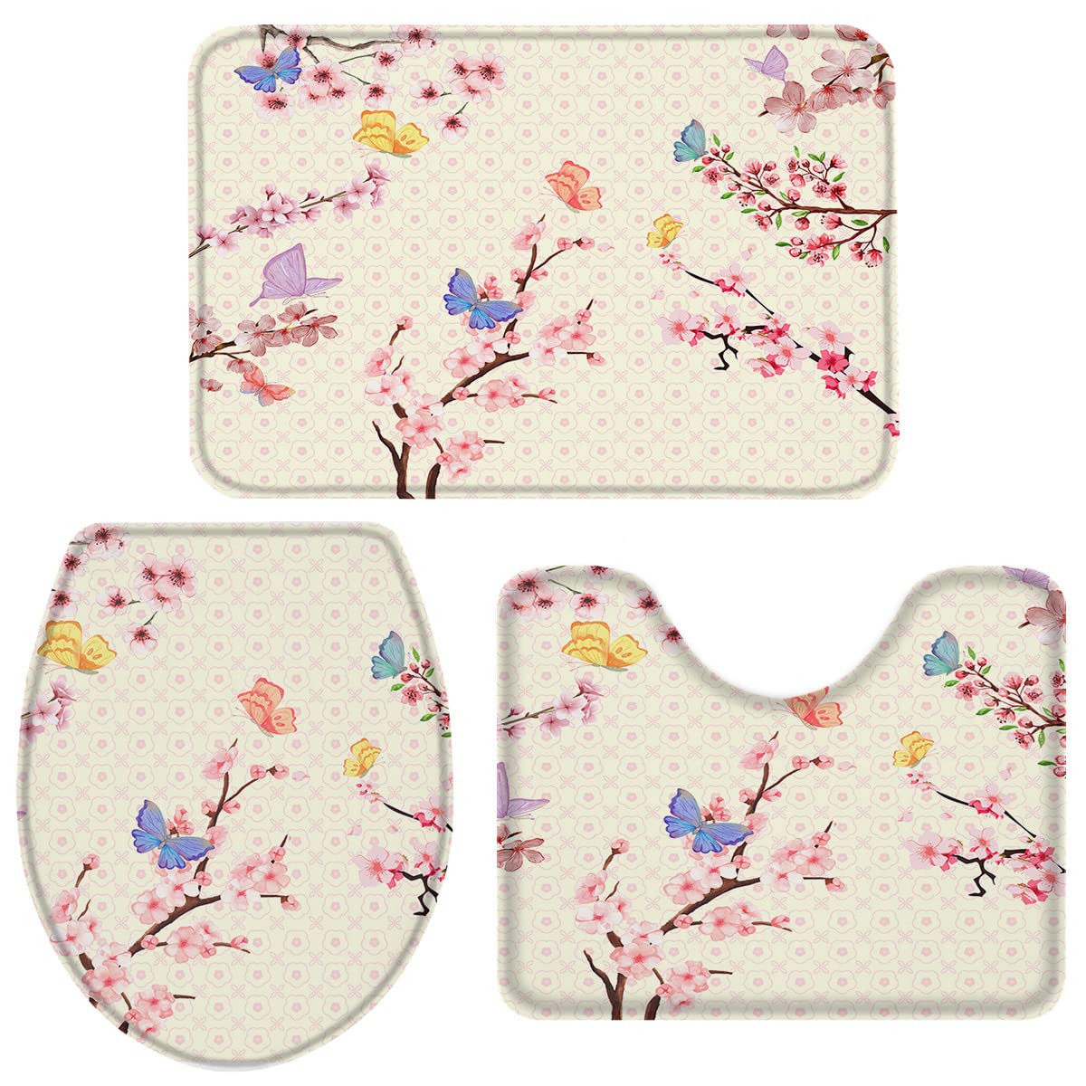 3-Piece Bathroom Rug Set - Non-Slip Toilet Seat Cover, Contour Rug & Pedestal Mat with Butterfly Cherry Blossom Design in Pink/Beige | Soft Bath Mats for Small Bathrooms, Powder Rooms & Guest Toilets
