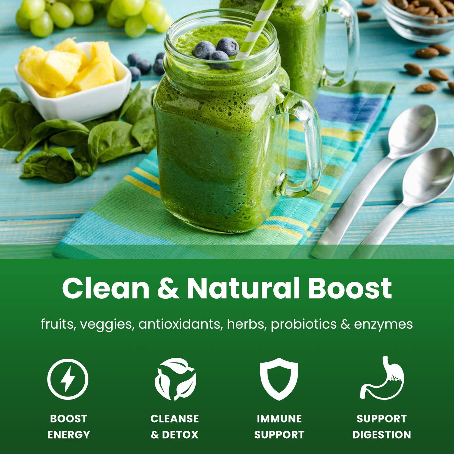 NutraChamps Super Greens Powder with Collagen Peptides - Organic Superfood Supplement for Detox & Skin Health - Perfect for Smoothies, Shakes & Daily Wellness Routine