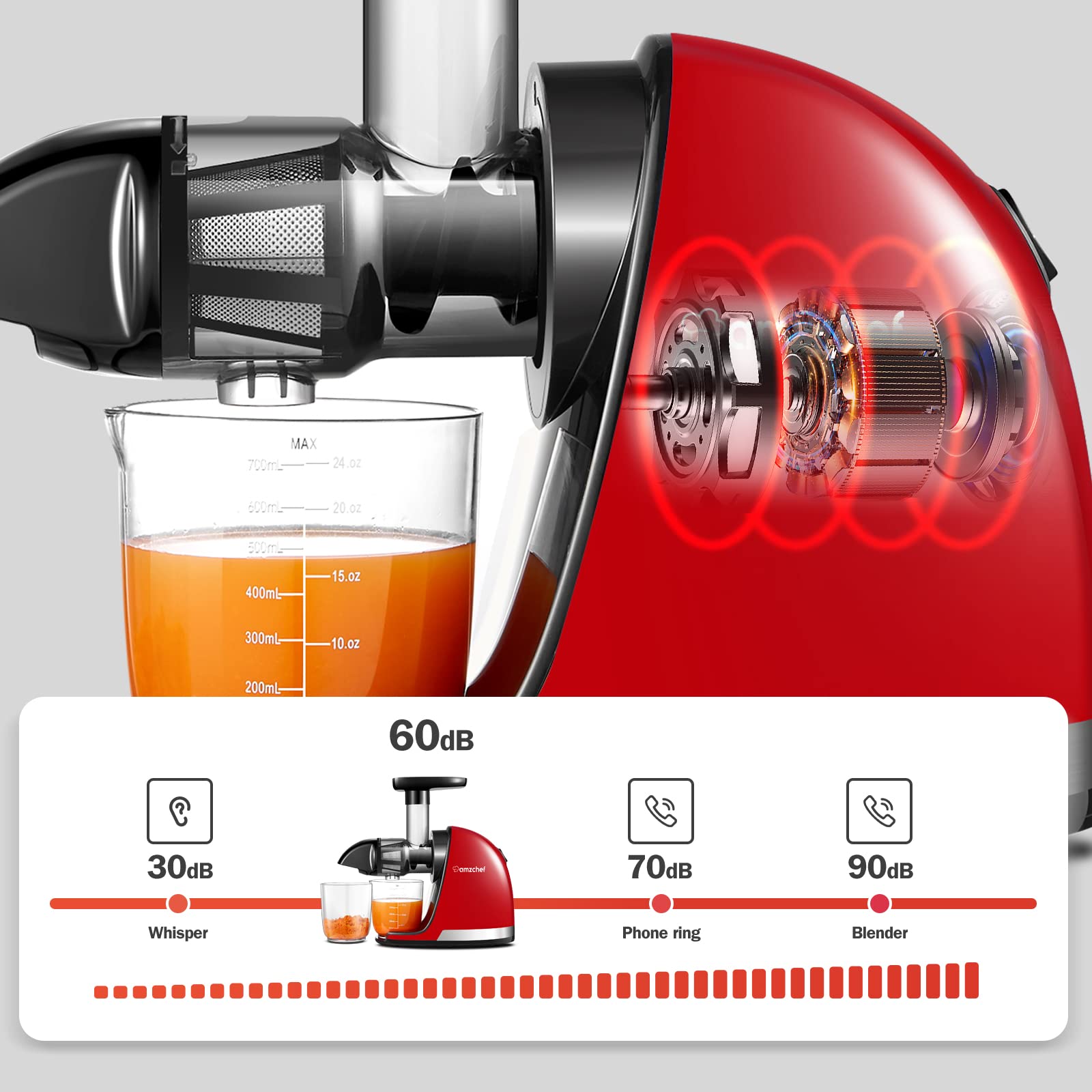 AMZCHEF Slow Juicer - Quiet Masticating Cold Press Juicer with Reverse Function for High Nutrient Fruit & Vegetable Juice, Easy to Clean with Brush, Red (Perfect for Healthy Smoothies, Detox Drinks & Family Breakfast)