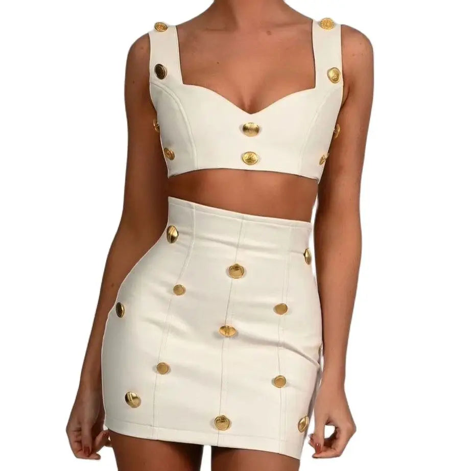 2023 New Summer Beige Color Golden Buttons Short Tank Top And Mini Skirt Set 2 Pieces Hotsweet Woman Evening Party Outfit | Casual Beachwear & Summer Date Night Outfit for Women