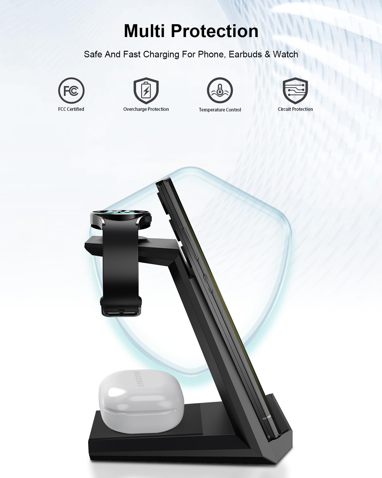 ADADPU 3-in-1 Fast Wireless Charging Station for Samsung Galaxy S25/S24/S23 Ultra/S22/S21/Z Flip/Fold 4, Galaxy Watch 6/5/4/3/Pro & Buds - Compact Charging Dock for Home, Office & Travel
