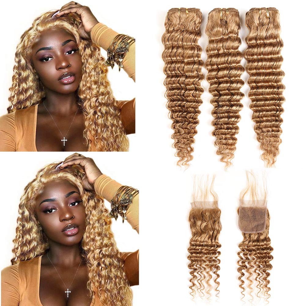 XCCOCO Honey Blonde Deep Wave 100% Peruvian Virgin Human Hair Extensions - 3 Bundles with 10