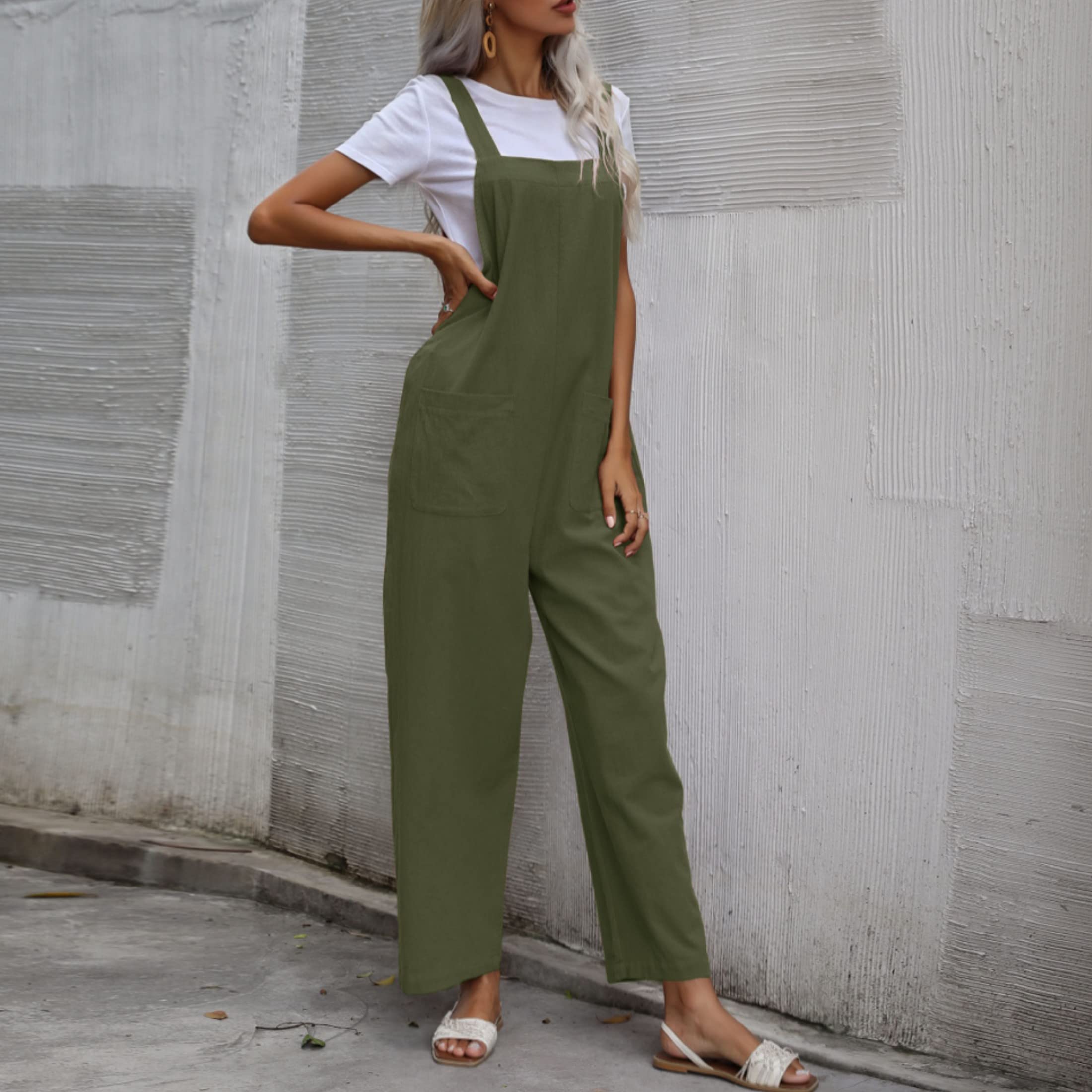 Zontroldy Women's Summer Sleeveless Cotton Linen Romper Overalls - Baggy Strap Wide Leg Jumpsuit with Pockets | Casual Outfit for Beach, Vacation & Outdoor Activities