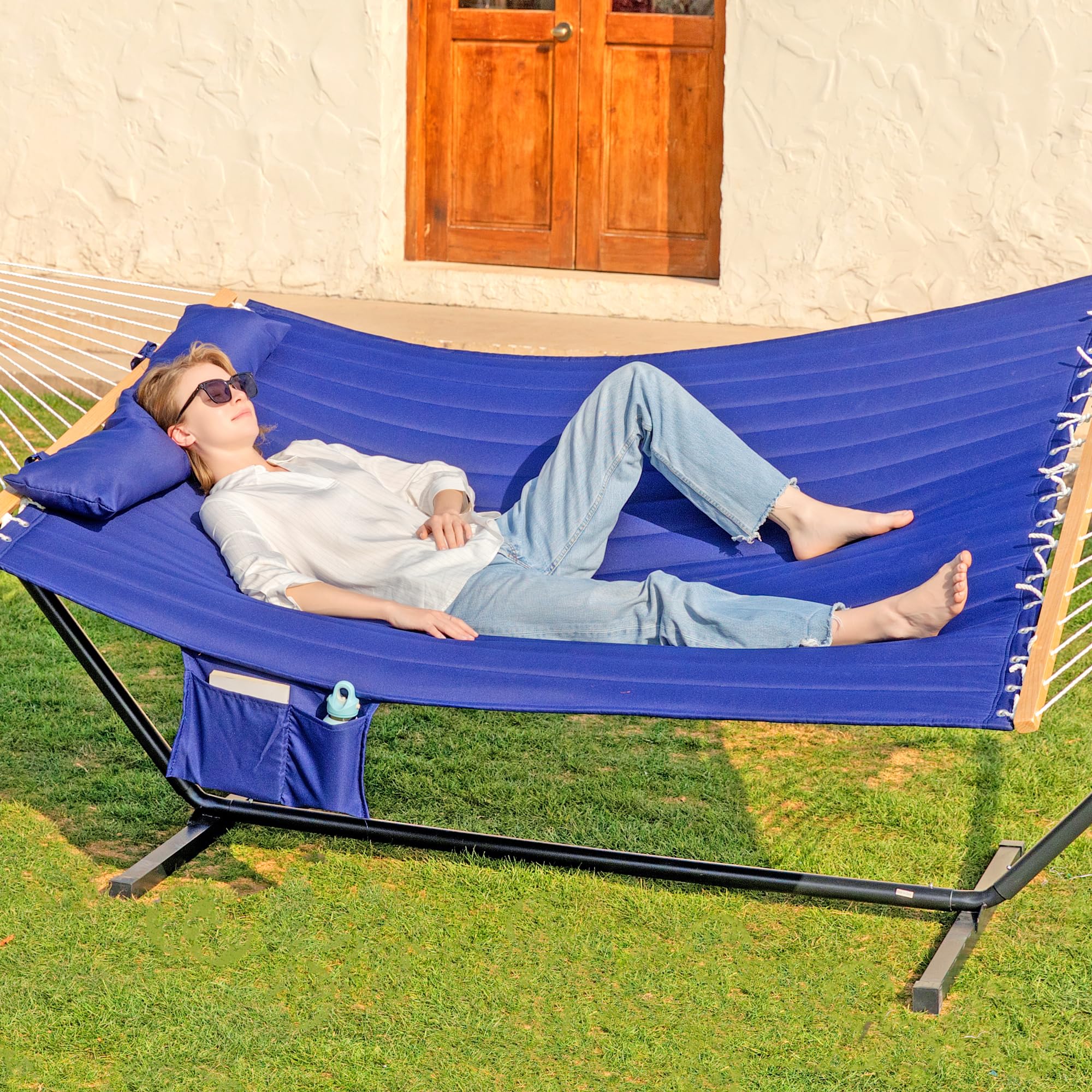 2 Person Heavy Duty Hammock with Steel Stand - 55 Inch Double Hammock for Outdoor, Backyard, Camping - Includes Removable Pillow & Storage Bag - Supports Up to 475 lbs (Navy Blue) - Perfect for Relaxing in Garden, Patio or Beach