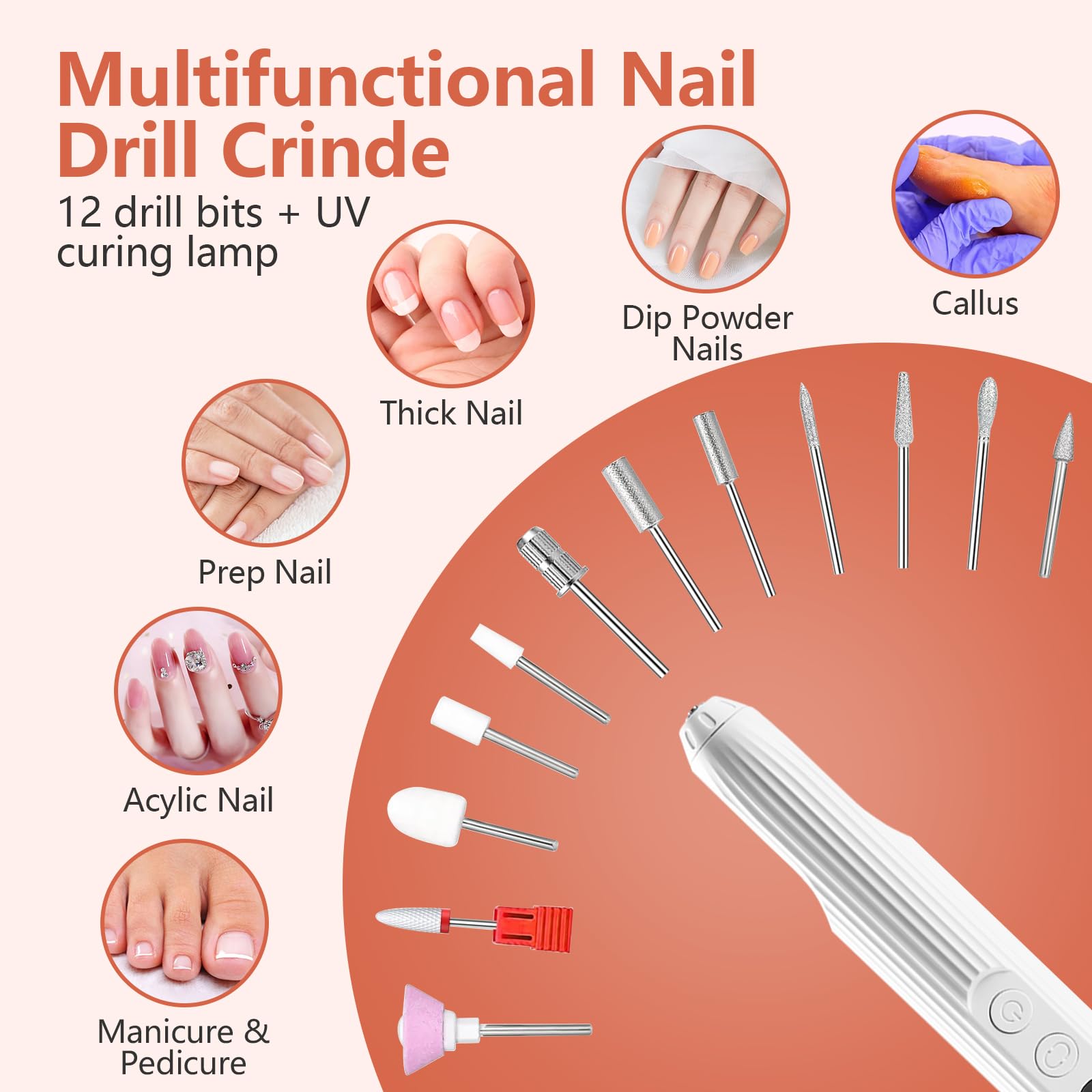 Professional Electric Nail Drill Kit with UV LED Lamp - 12 Drill Bits & Rechargeable Base - Portable Nail File Machine for Acrylic Removal, Grinding & Polishing - Perfect for Salon, Home Manicure & Nail Art DIY