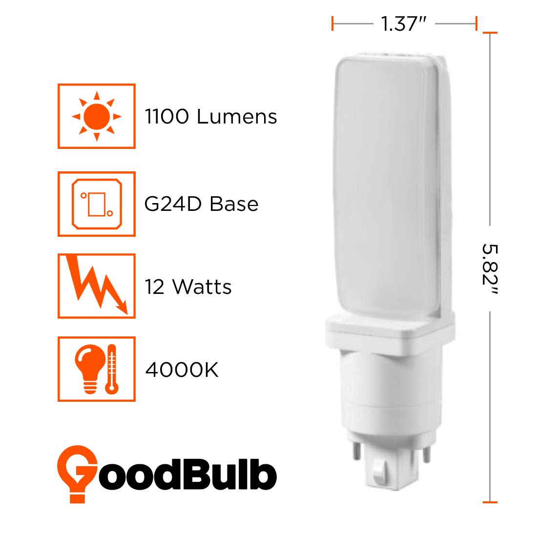 GoodBulb 18W LED Plug-in Light Bulbs - 12W Hybrid 2 Pin G24D Base 4000K Cool White - 1100 Lumens High Output - 120° Beam Angle - 10 Pack - Energy Efficient Replacement Bulbs for Commercial Lighting, Offices, Retail Stores and Warehouse Facilities