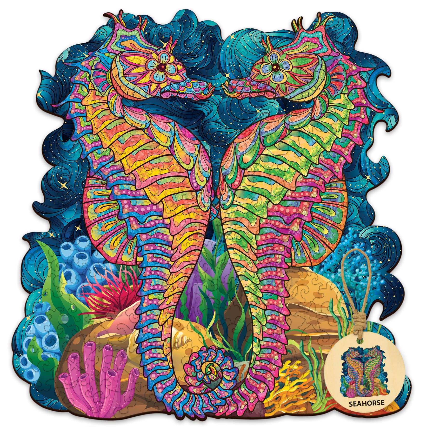 DEPLEE Unique Seahorse Wooden Jigsaw Puzzle for Adults - 300 Piece Challenging Animal Puzzle with Creative Shape (19.4x15.1 Inch) - Perfect for Family Game Night, Stress Relief & Home Decor