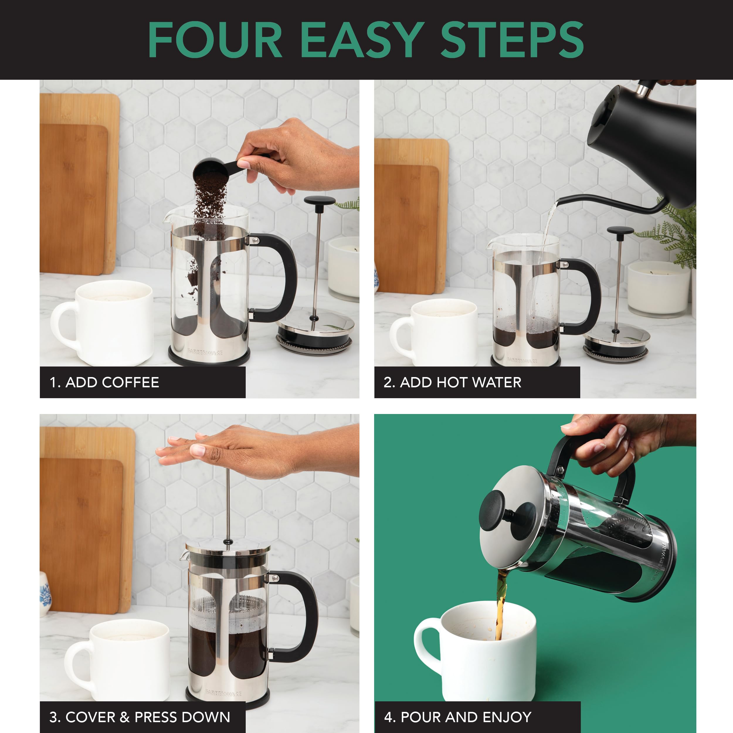 Farberware Stainless Steel French Press Coffee Maker - 8 Cup Capacity, BPA-Free, Heat-Resistant Borosilicate Glass for Hot & Cold Brew Coffee, Tea, Espresso | Includes Measuring Spoon | Perfect for Home, Office & Camping Use