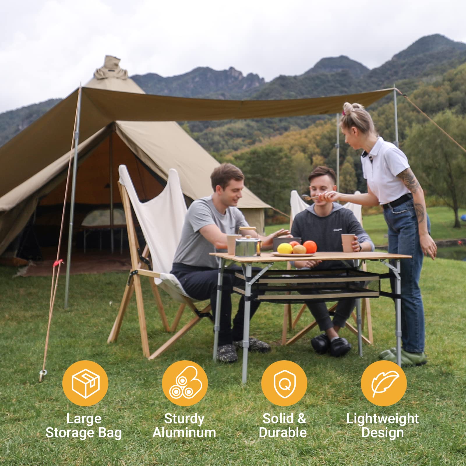 KingCamp 4-Fold Portable Camping Table - Adjustable Height Aluminum Legs, Heavy Duty 176 lbs Capacity with Large Storage Bag - Perfect for Outdoor Travel, Picnic, RV, Beach & Backyard Gatherings (4-5 People)