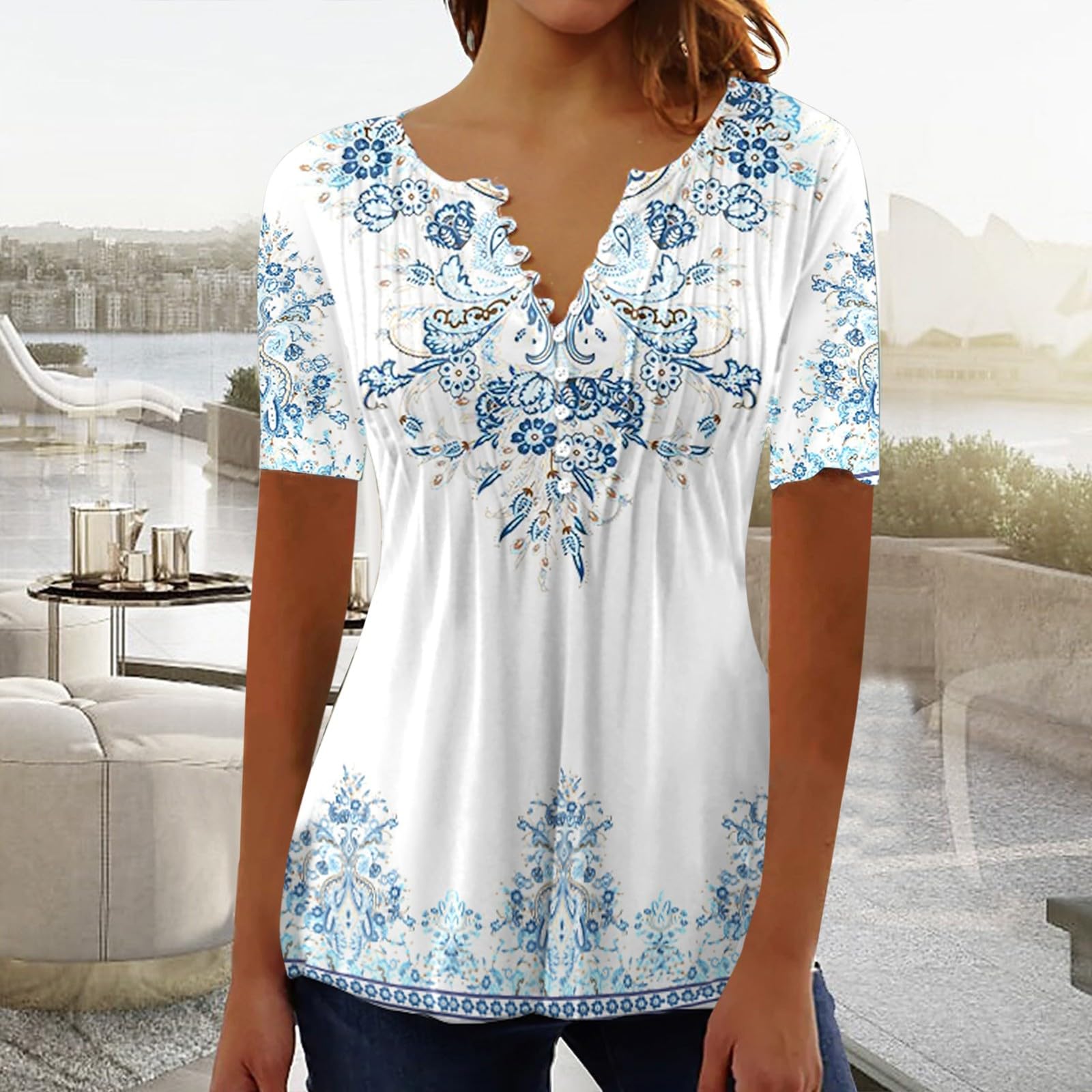 Women's Floral Boho Blouse - Elegant V-Neck Short Sleeve Button-Up Top for Summer | Casual & Dressy Going Out Tops | Perfect for Beach Vacations, Date Nights & Office Wear