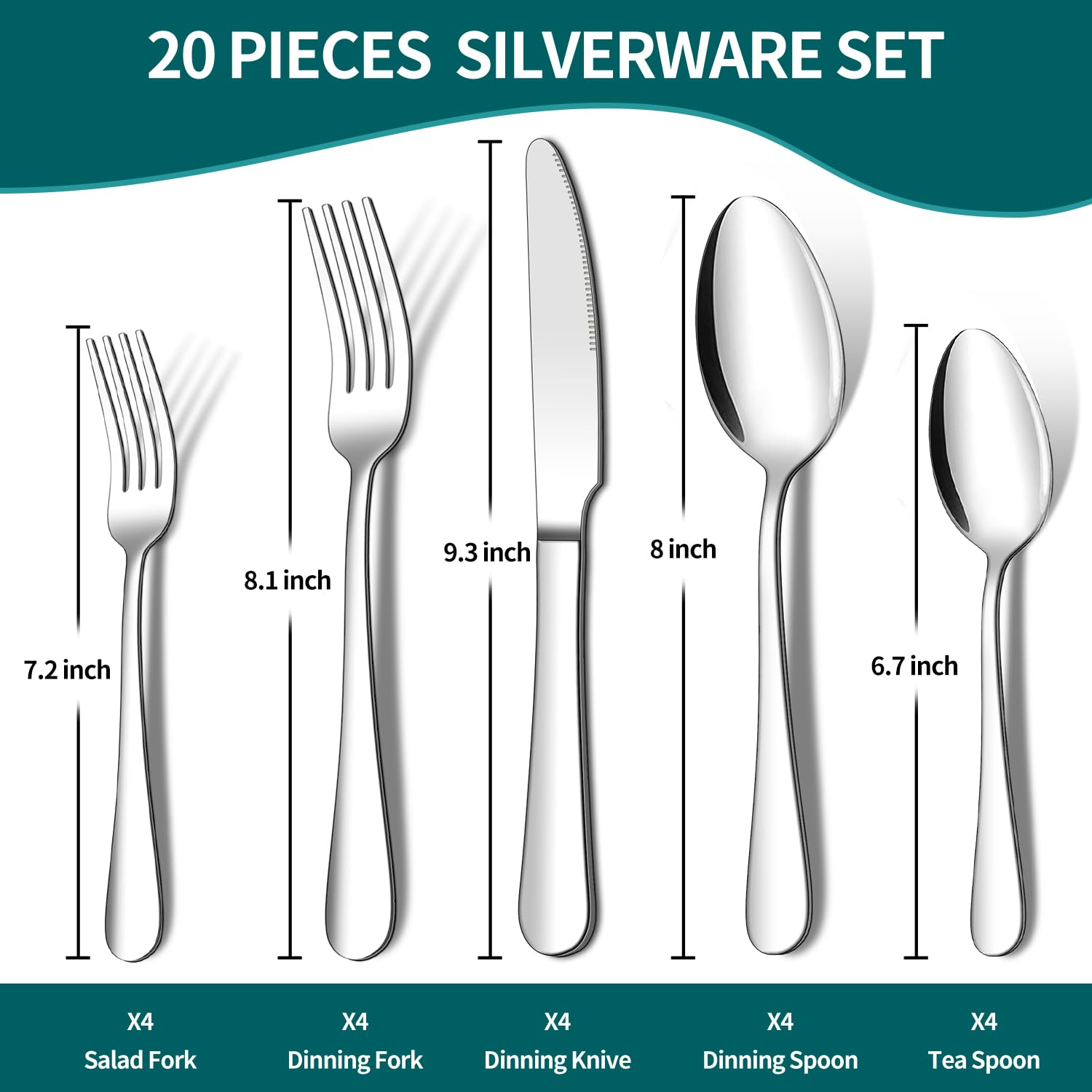 20-Piece Stainless Steel Flatware Set - Mirror Polished Silverware Cutlery for 4 People - Includes Knives, Forks & Spoons - Dishwasher Safe - Perfect for Dinner Parties, Restaurants & Everyday Dining