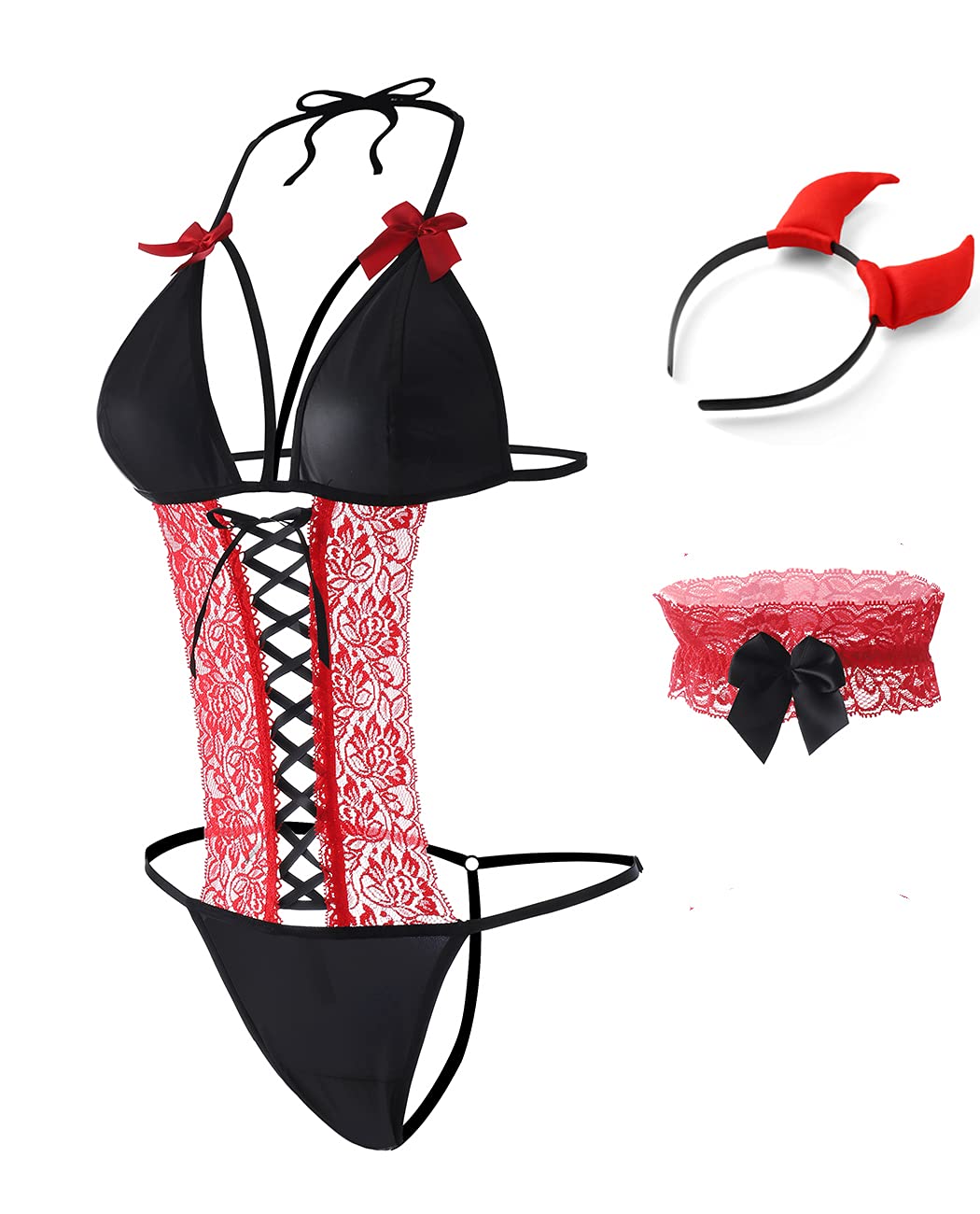 XSPIRE Women's Devil Costume - Sexy Red Demon Lingerie Outfit with Horns for Halloween, Cosplay, Bachelorette Parties & Themed Events