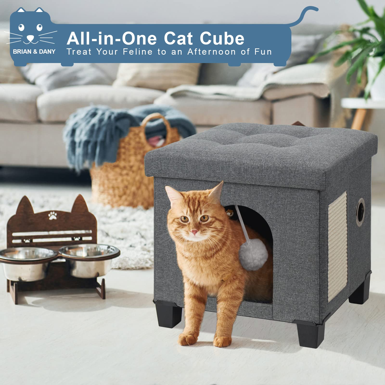 Foldable Cat Bed for Indoor Cats - Large Cat Cube House with Scratch Board & Toy Ball (14.7”x12.7”x14.1”, Grey) - Cozy Pet Bed for Small Spaces, Living Room or Bedroom