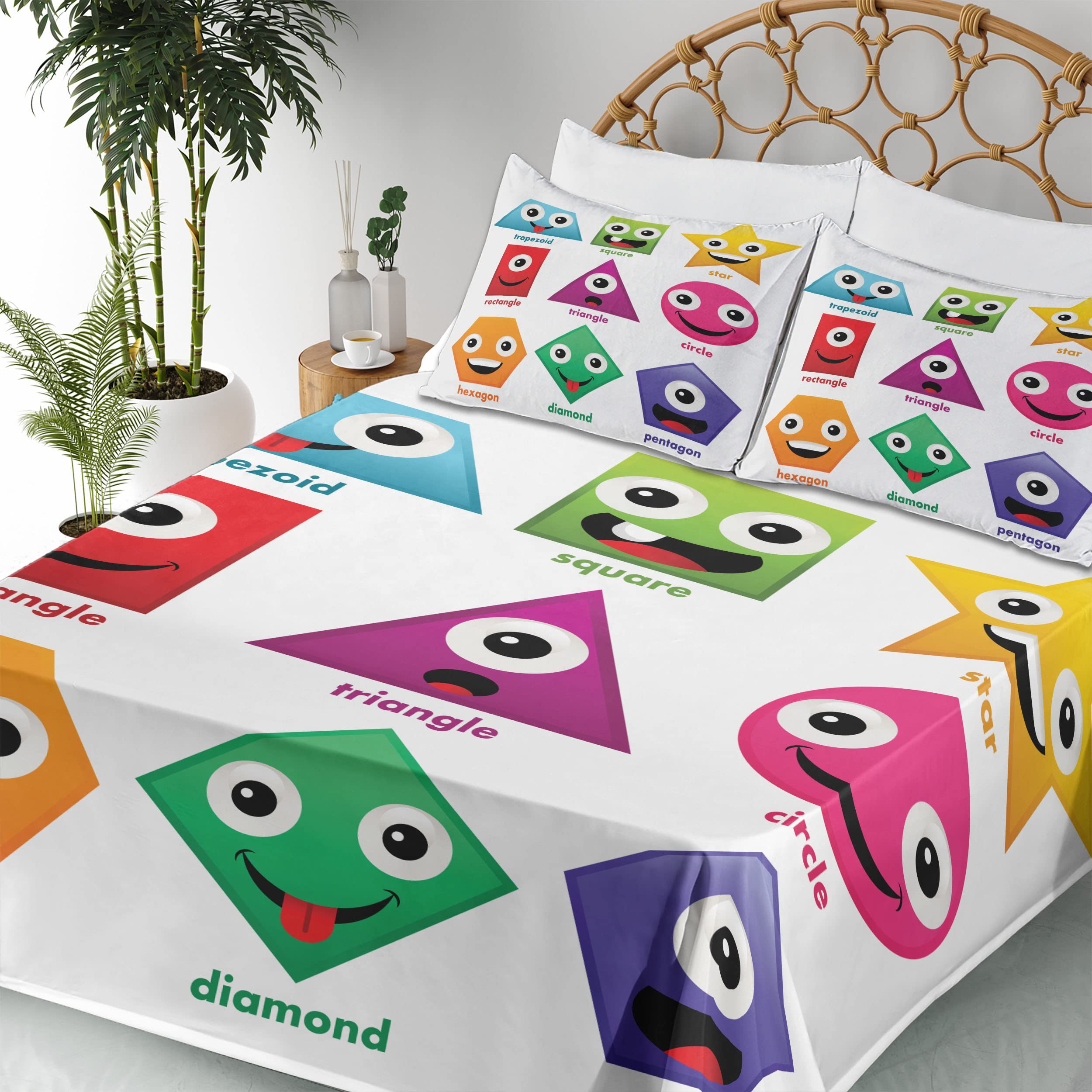 Ambesonne Science-Themed 4-Piece Sheet Set - Geometric Shapes with Funny Faces Cartoon Design, Soft Green & Purple Bedding (King Size) | Perfect for Kids' Rooms, Dorm Decor & Science Enthusiasts
