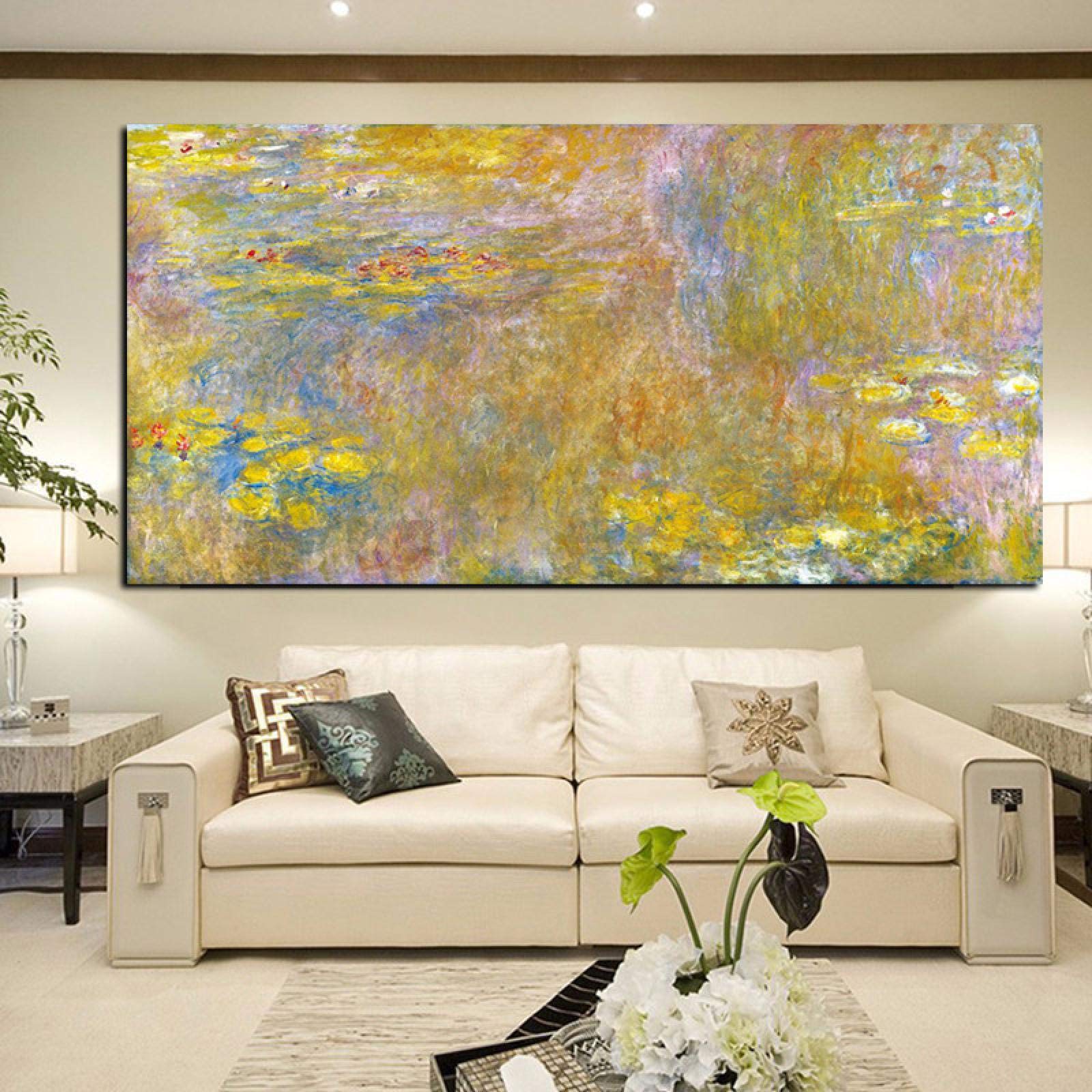 Claude Monet Gold Lotus Oil Painting on Canvas - Impressionist Landscape Wall Art Poster & Print 55x110cm (22x43in) With Frame - Perfect for Living Room, Bedroom & Office Decor