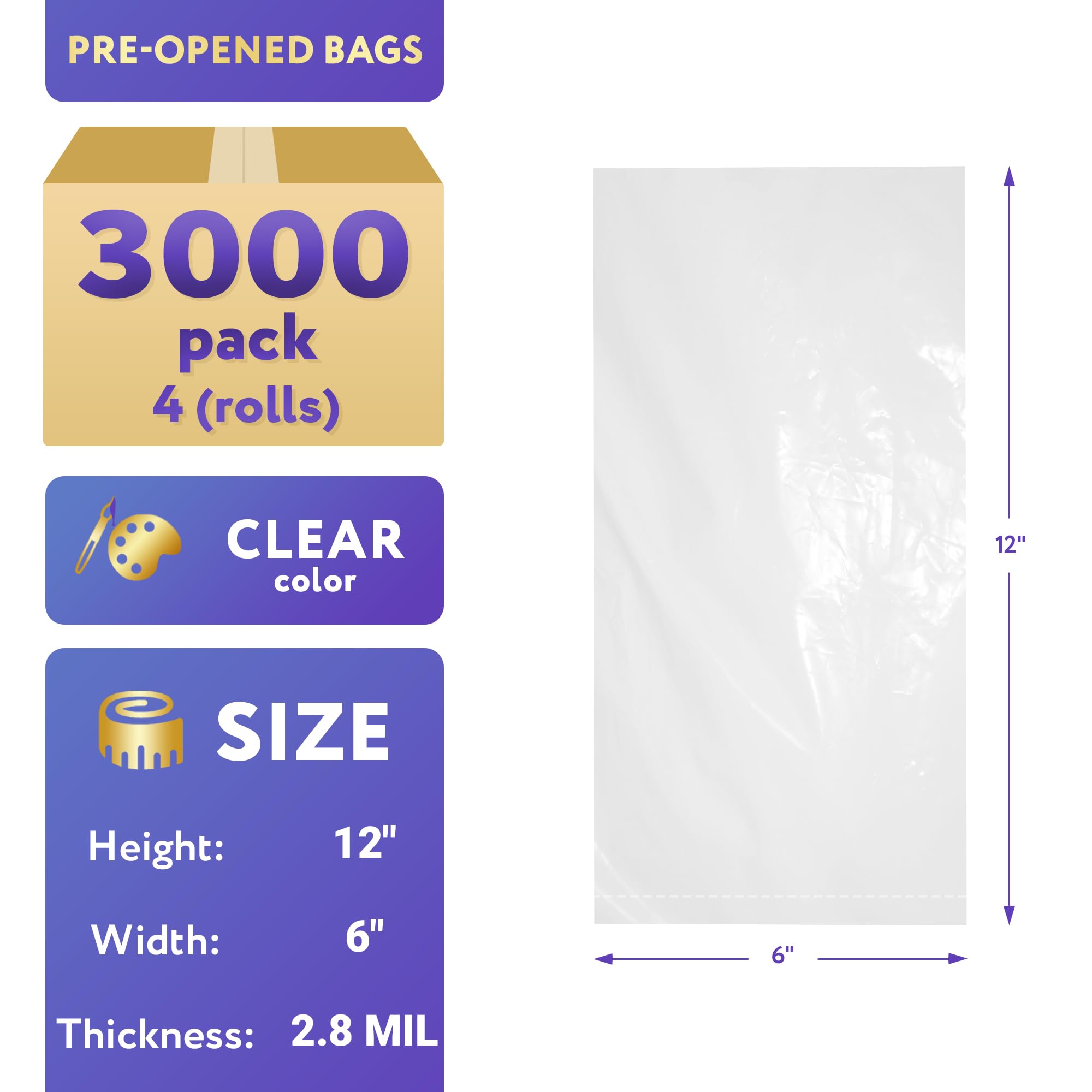 APQ 4 Rolls, 3000 Pre-Opened Heavy Duty 6x12 Poly Bags - 2.80 Mil Thickness for Secure Packing & Storage | Clear Seamless Plastic Tubing for Industrial Use, Food Service & Retail Packaging