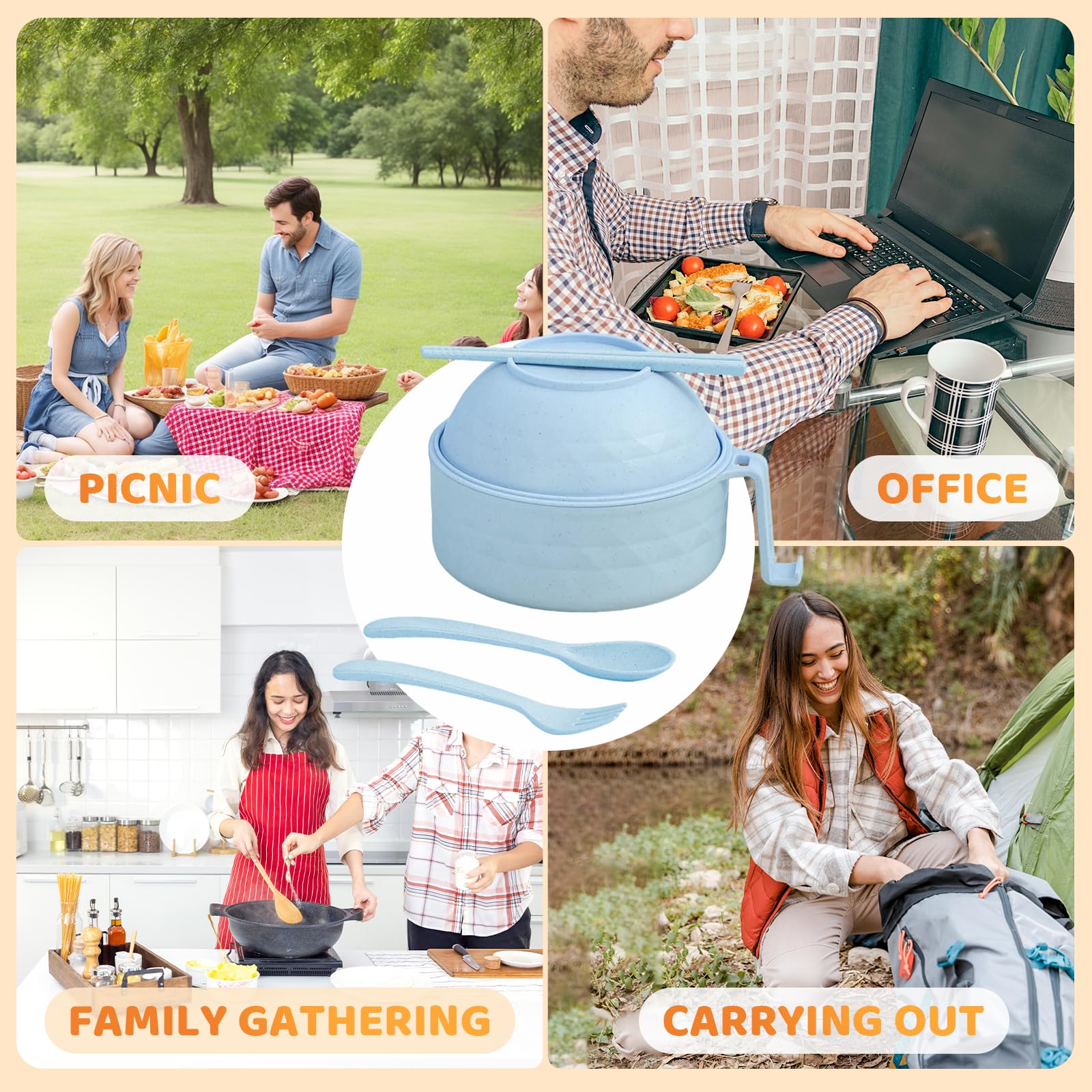 Upgraded Microwave Ramen Bowl Set with Strainer & Utensils - Portable Noodle Cooker for Office & Dorm (Blue)