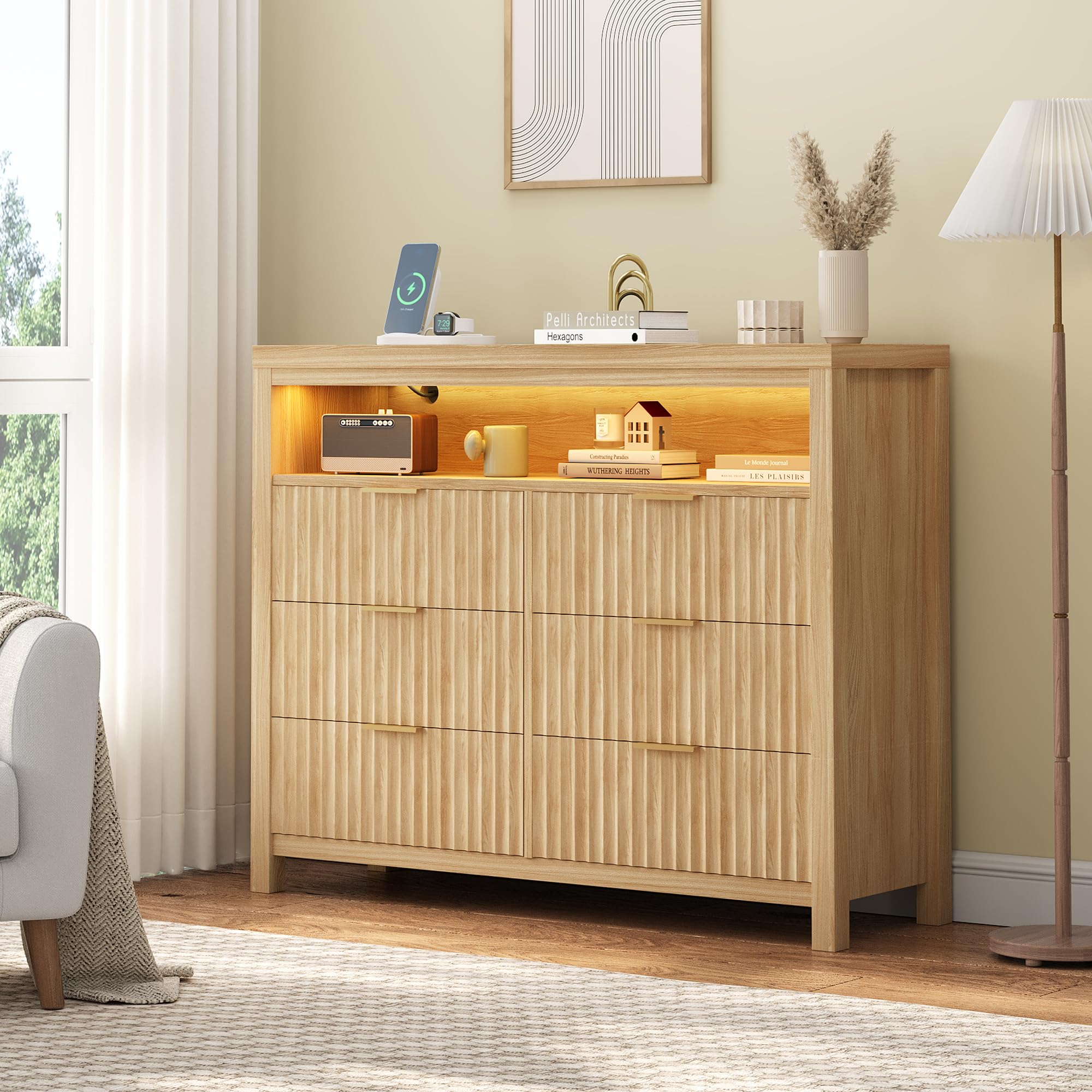 Fluted 6-Drawer Dresser with USB Power Outlet & LED Lights - Modern Boho Chest of Drawers with Charging Station, Large TV Stand Dresser, Double Wooden Drawer Organizer for Bedroom & Living Room (Natural Wood Finish) - Perfect for Small Space Organization & Contemporary Home Decor
