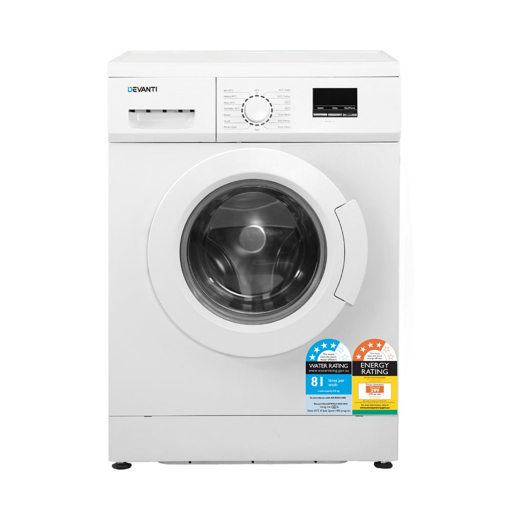 Devanti 8kg Front Load Washing Machine - Energy Efficient, Quiet White Laundry Washer for Apartments & Small Homes | Perfect for Compact Spaces & Eco-Friendly Living