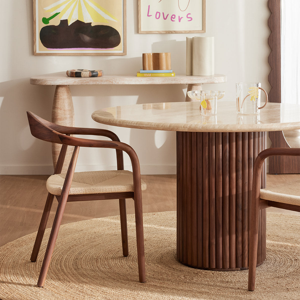 Cosmos Walnut & Travertine Dining Table - 150cm Modern Round Wooden Table for Kitchen, Dining Room & Small Spaces - Perfect for Family Gatherings & Dinner Parties