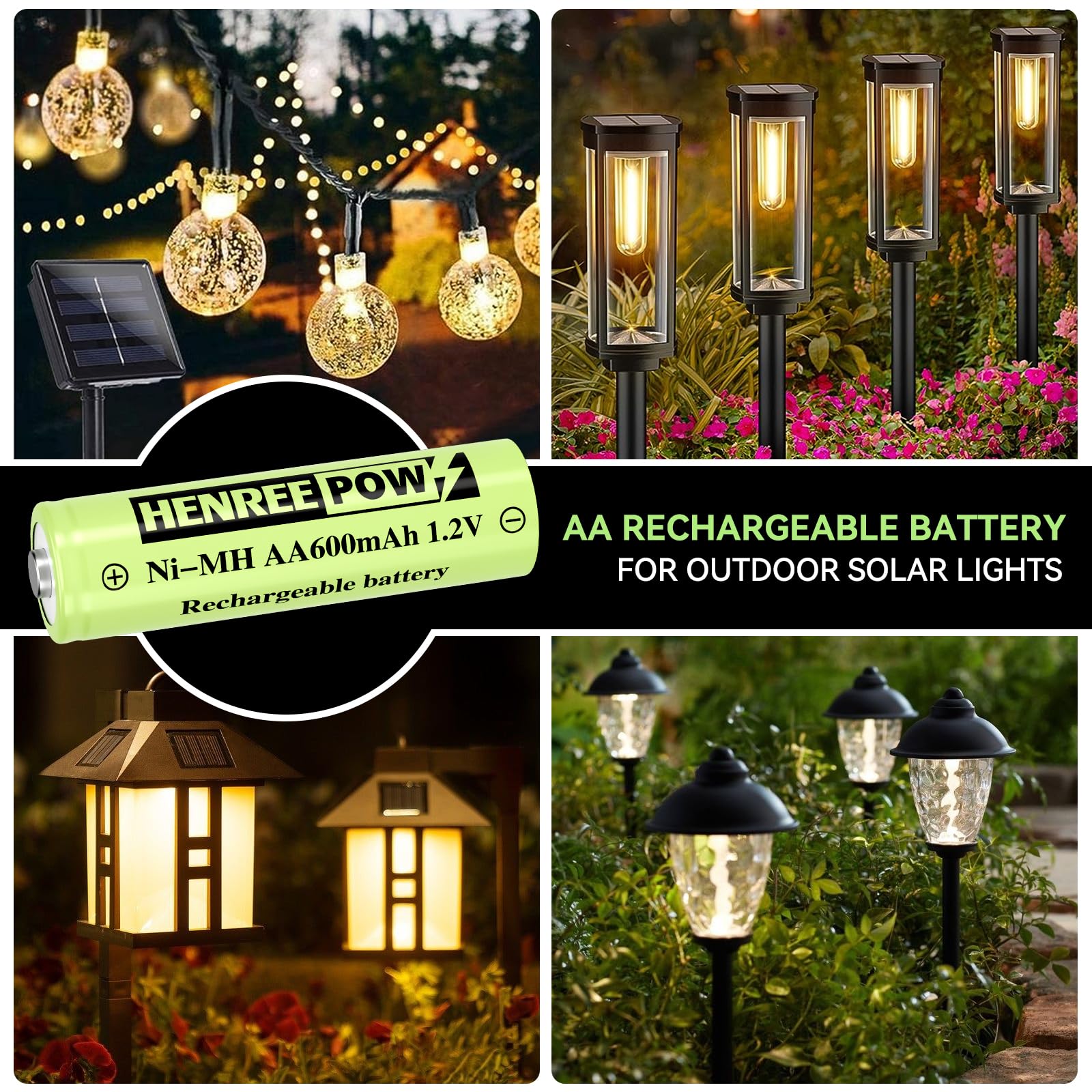 Henreepow 12-Pack Rechargeable AA Solar Batteries 1.2V 600mAh Ni-MH Double A Batteries - Pre-Charged for Solar Garden Lights, Outdoor Landscape Lighting & Solar-Powered Devices