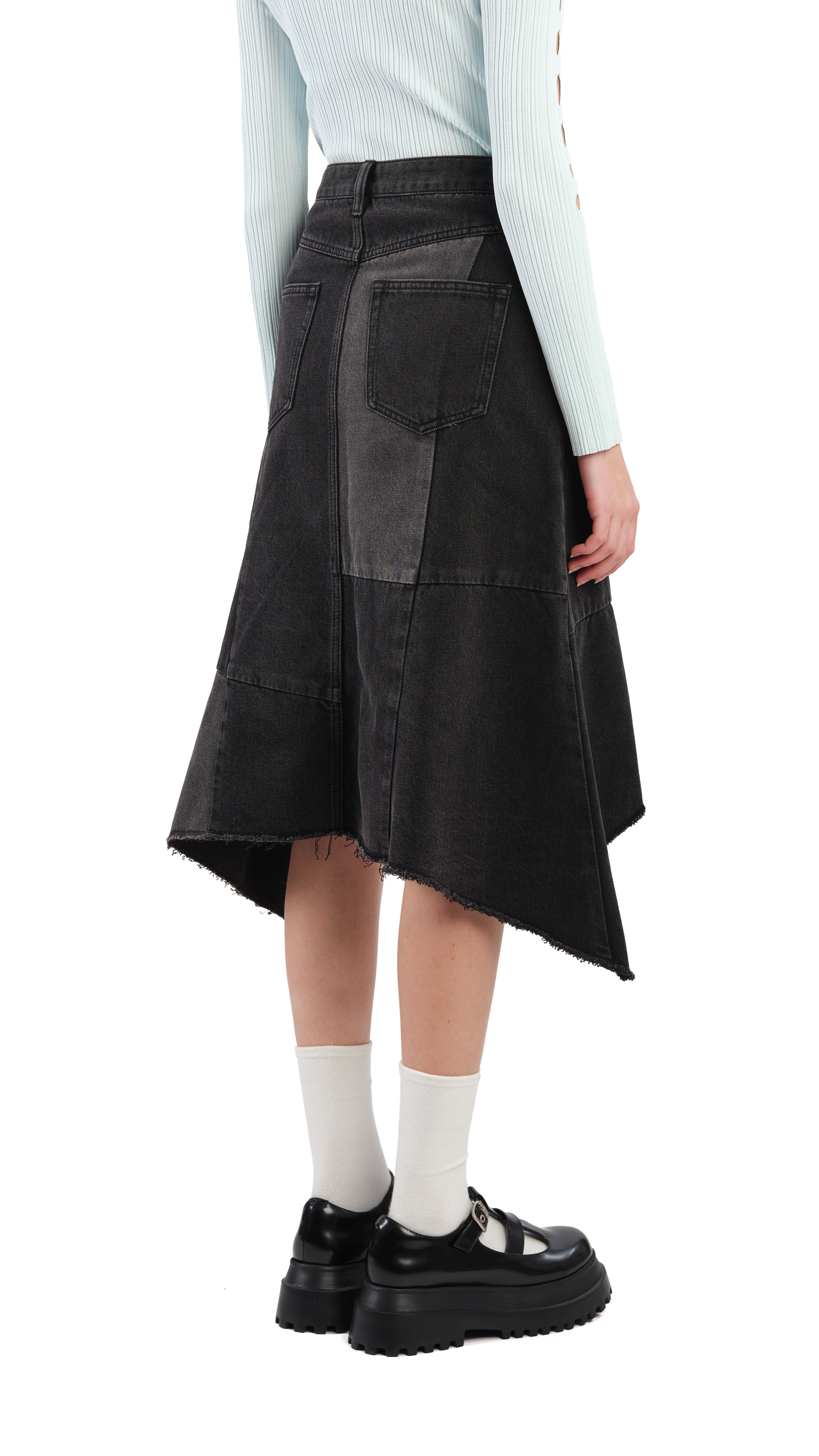 Vintage Rebuilt Denim Fishtail Skirt for Women - Distressed High Waist A-Line Denim Skirt with Asymmetrical Hem | Perfect for Boho Outfits, Casual Wear & Street Style Fashion