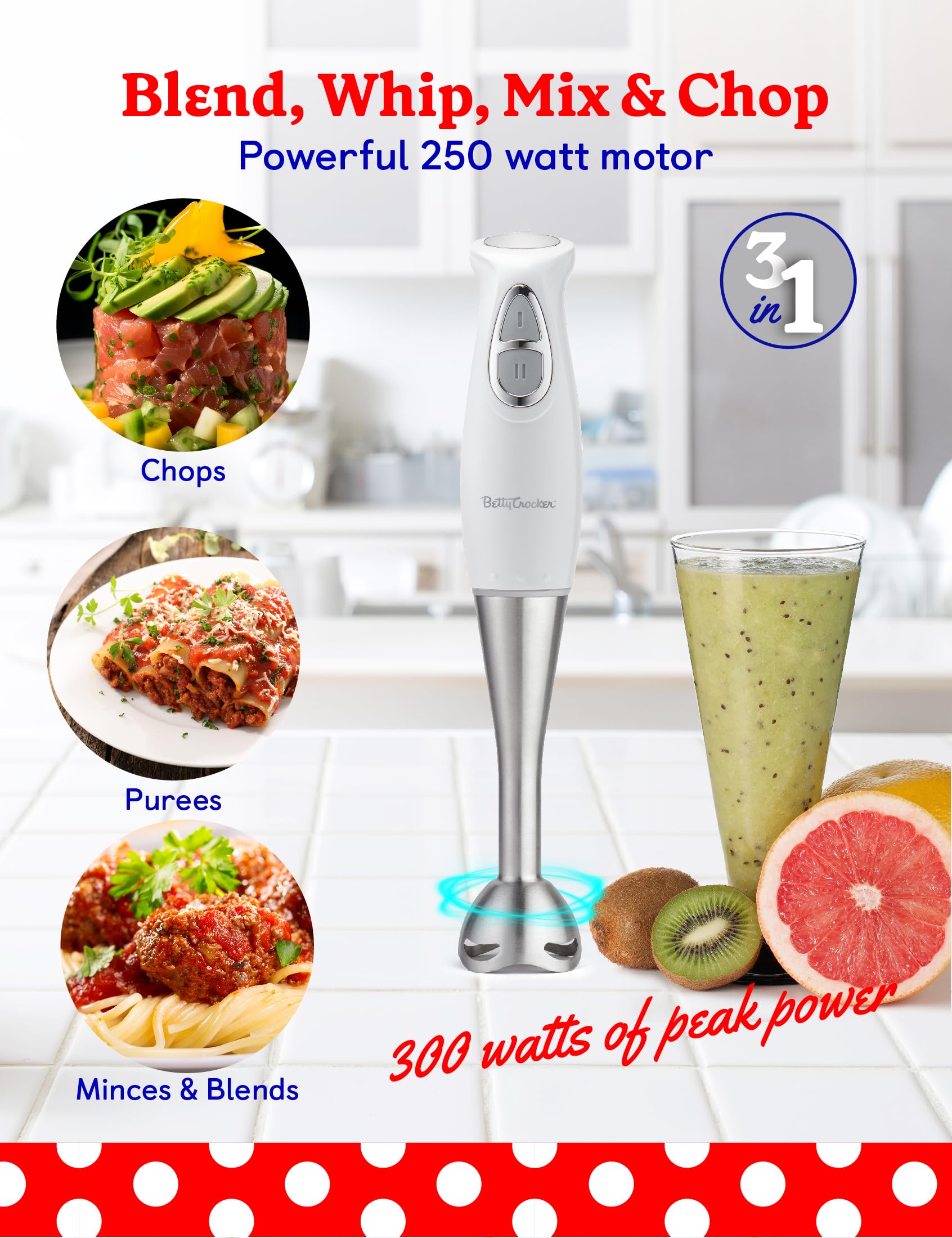 **Betty Crocker 250W Immersion Blender - 2-Speed Handheld Mixer with Stainless Steel Blade, Beaker & Whisk - Ergonomic Handle for Smoothies, Soups & Baking - Perfect for Home & Kitchen (White)**