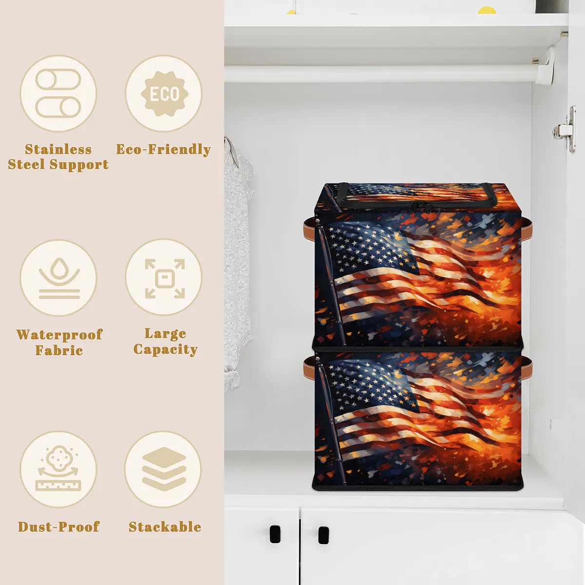 Fire National Flag Collapsible Stackable Storage Bins with Lids - Fabric Closet Organizer for Clothes, Toys, Blankets - Foldable Home Storage Containers for Bedroom, Kids Room & Garage Organization