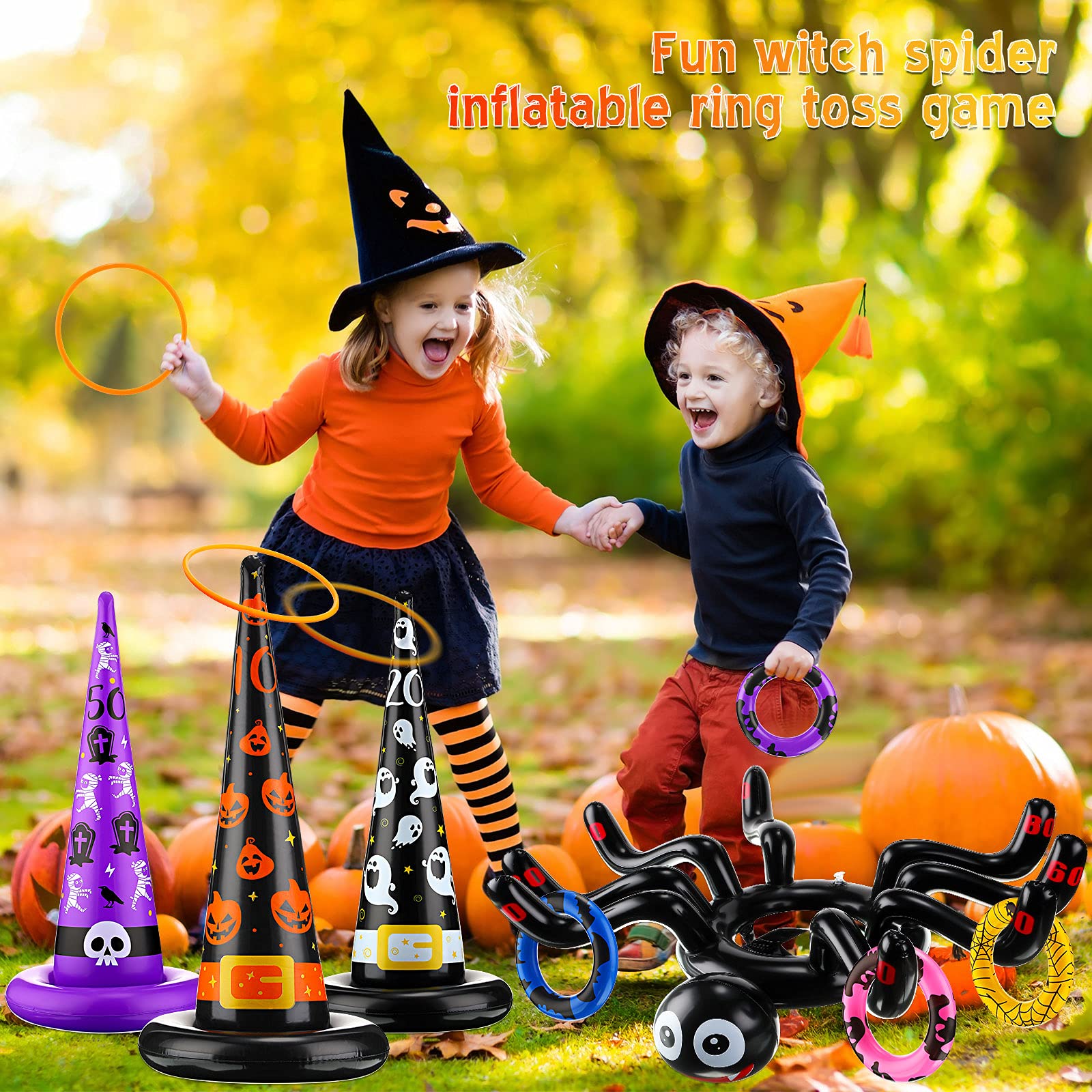 Halloween Toss Game Set with Witch Hat & Pumpkin Rings - Outdoor Party Games