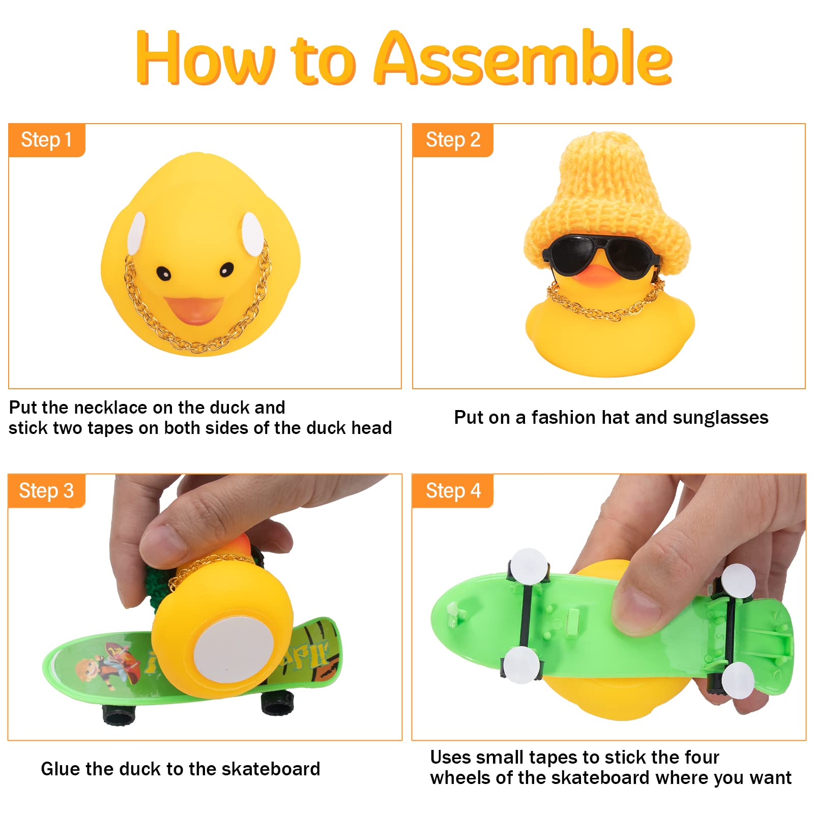 Wonuu Car Duck Ornament - Rubber Duck Dashboard Decoration with Mini Hat, Necklace, Sunglasses, Chair & Skateboard - Perfect for Car Accessories, Gift Ideas, and Office Desk Fun