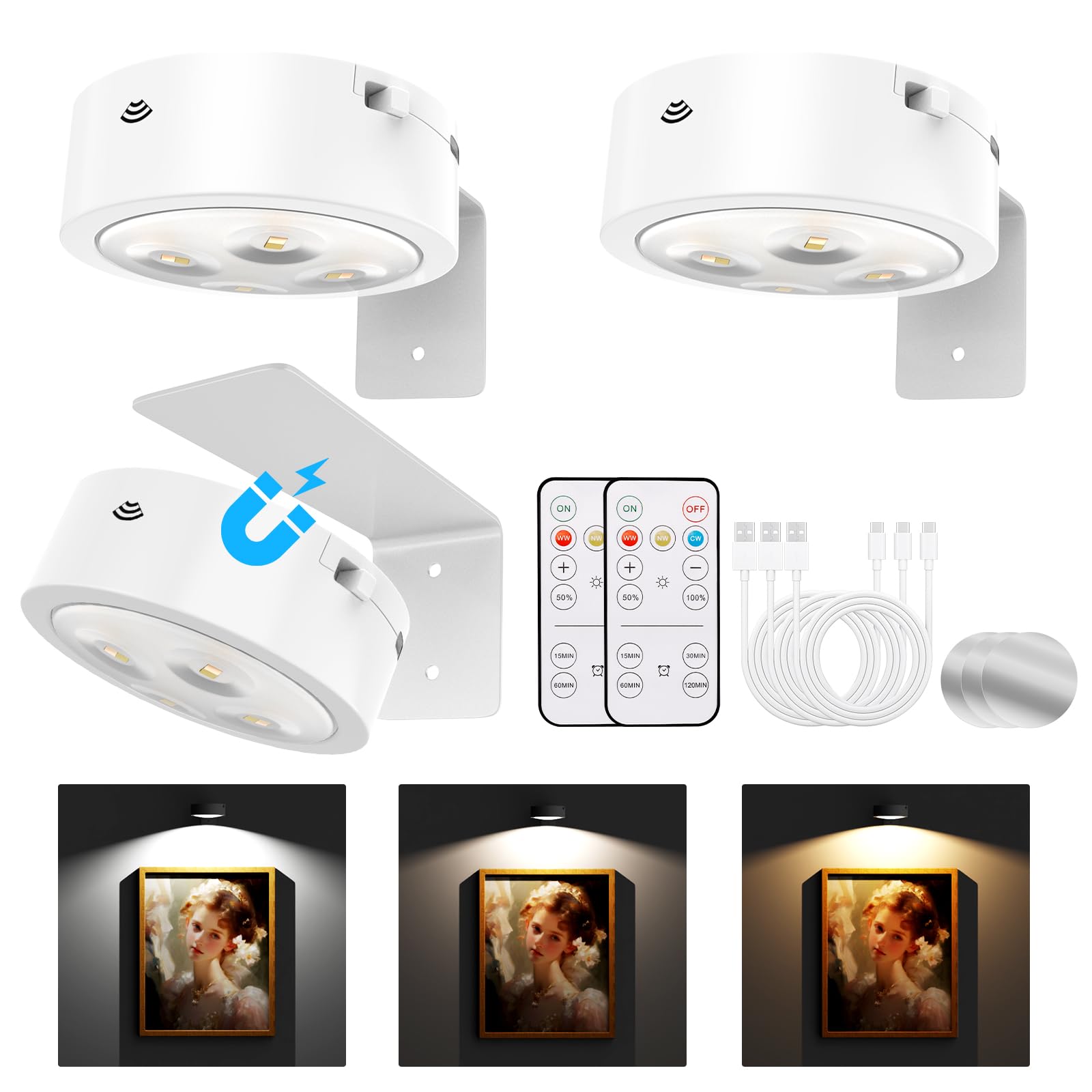 Rechargeable Magnetic LED Picture Lights for Wall Art - 3 Lighting Modes, Dimmable with Remote & Timer - Battery Operated Painting Frame Lights (White, 3-Pack) - Perfect for Galleries, Museums & Home Decor