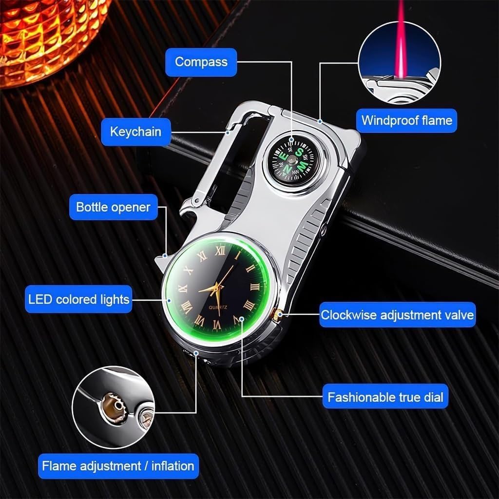 Metal Torch Lighter with Clock Dial & Compass - Refillable Butane, Adjustable Flame, Red Fire for Camping, Hiking, BBQ & Outdoor Adventures - Cool Multifunctional Keychain Lighter for Men & Women