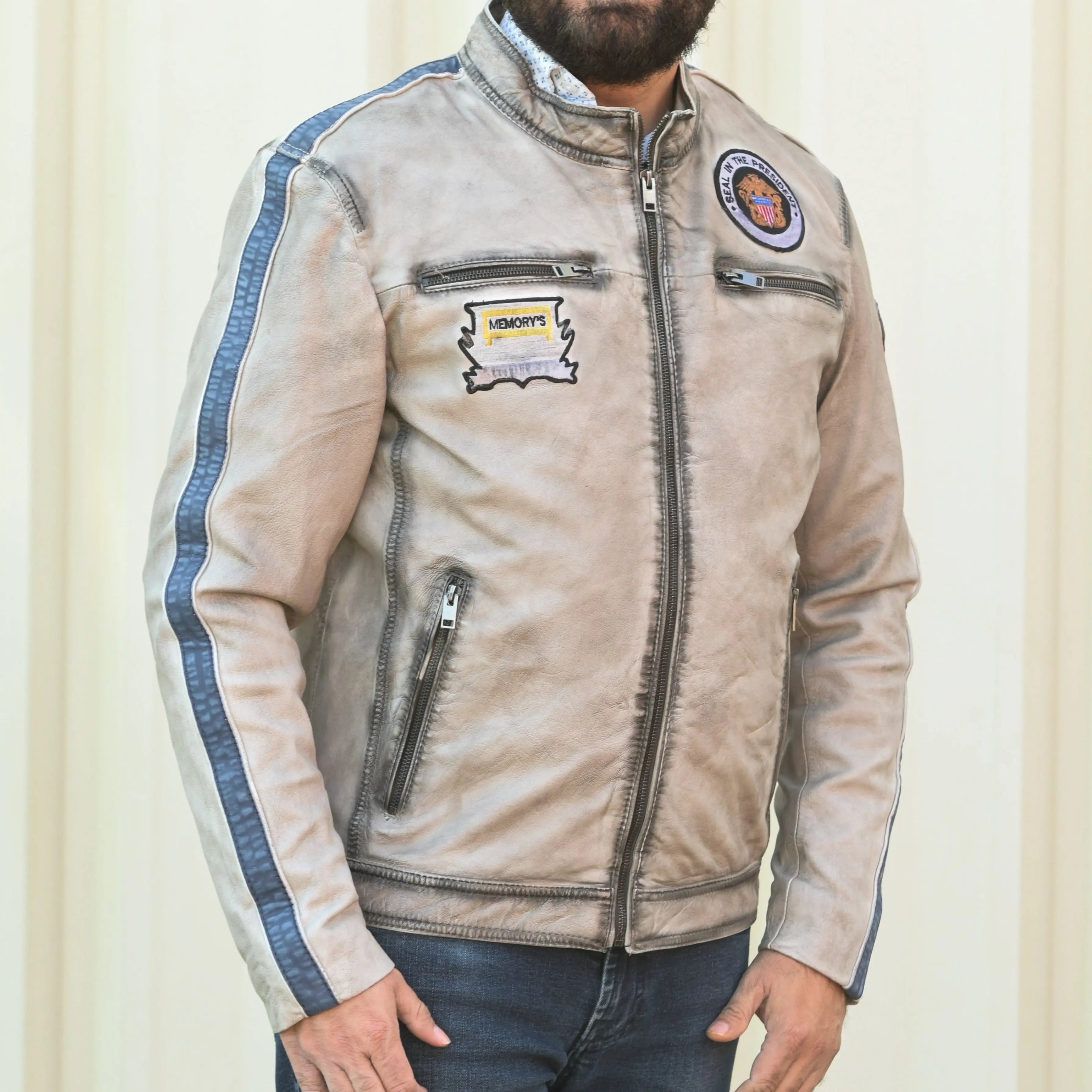Men's Vintage Biker Leather Jacket with Embroidered Patches & 4 Zip Pockets - Cool Motorcycle Riding & Casual Outfit for Men