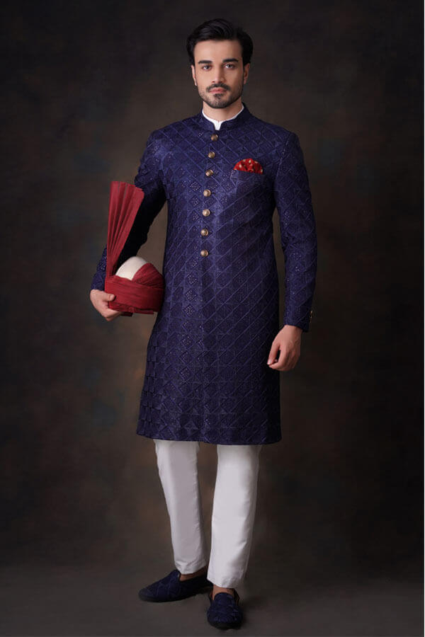 Jashan Midnight Blue Embroidered Sherwani Set for Men | Traditional Indian Wedding Outfit | Perfect for Groom, Festivals & Special Occasions